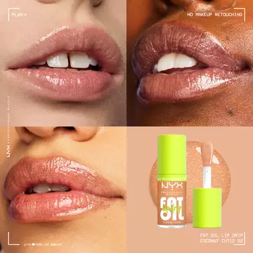 NYX Professional Makeup Fat Oil Lip Drip in Coconut Cutie shown on three models with glossy hydrated lips and product packaging, highlighting universal shine and non-sticky finish,