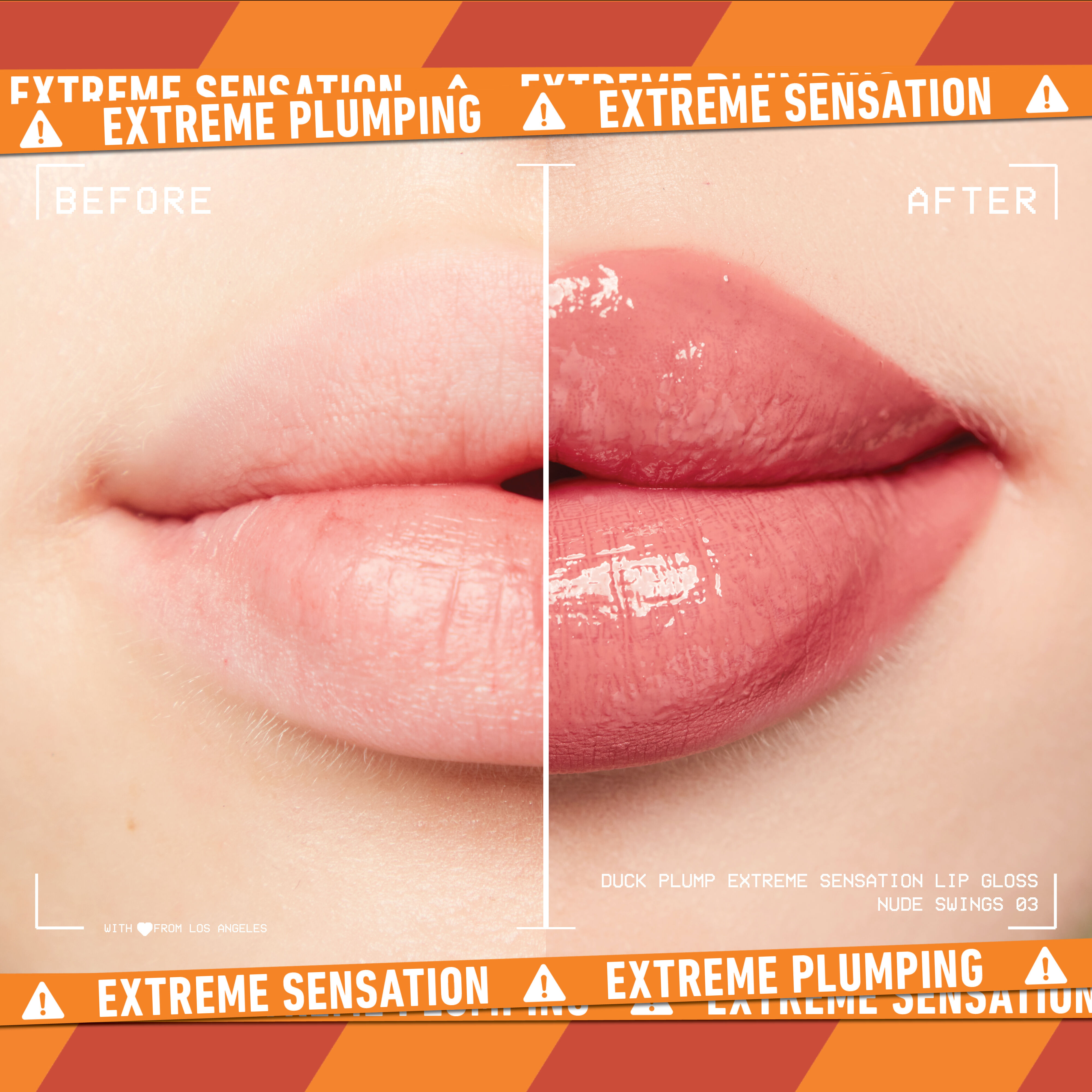before and after image of lips with Duck Plump Lip Plumping Gloss