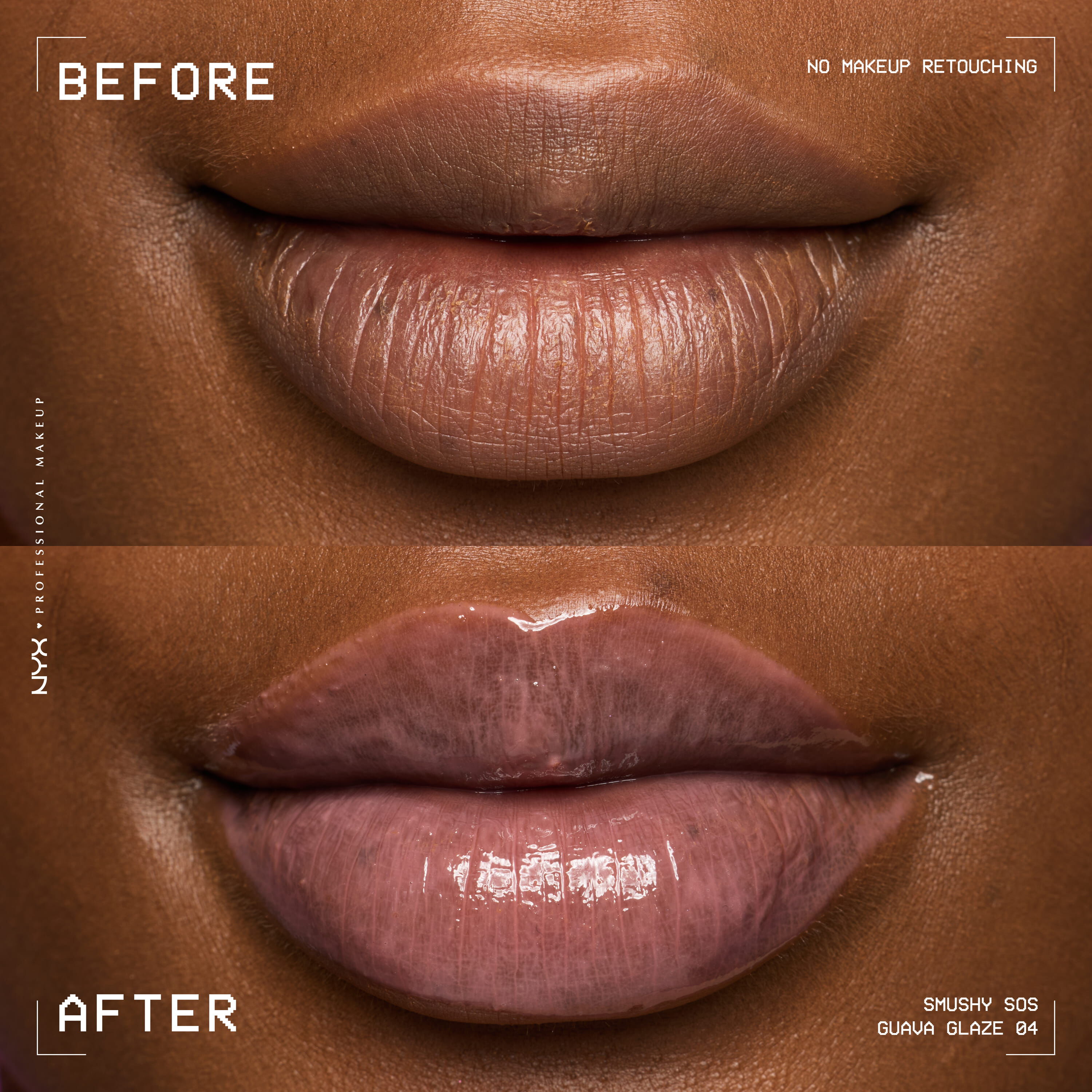 Before and after of dry lips vs glossy hydrated lips with NYX Professional Makeup Smushy SOS lip mask in Guava Glaze