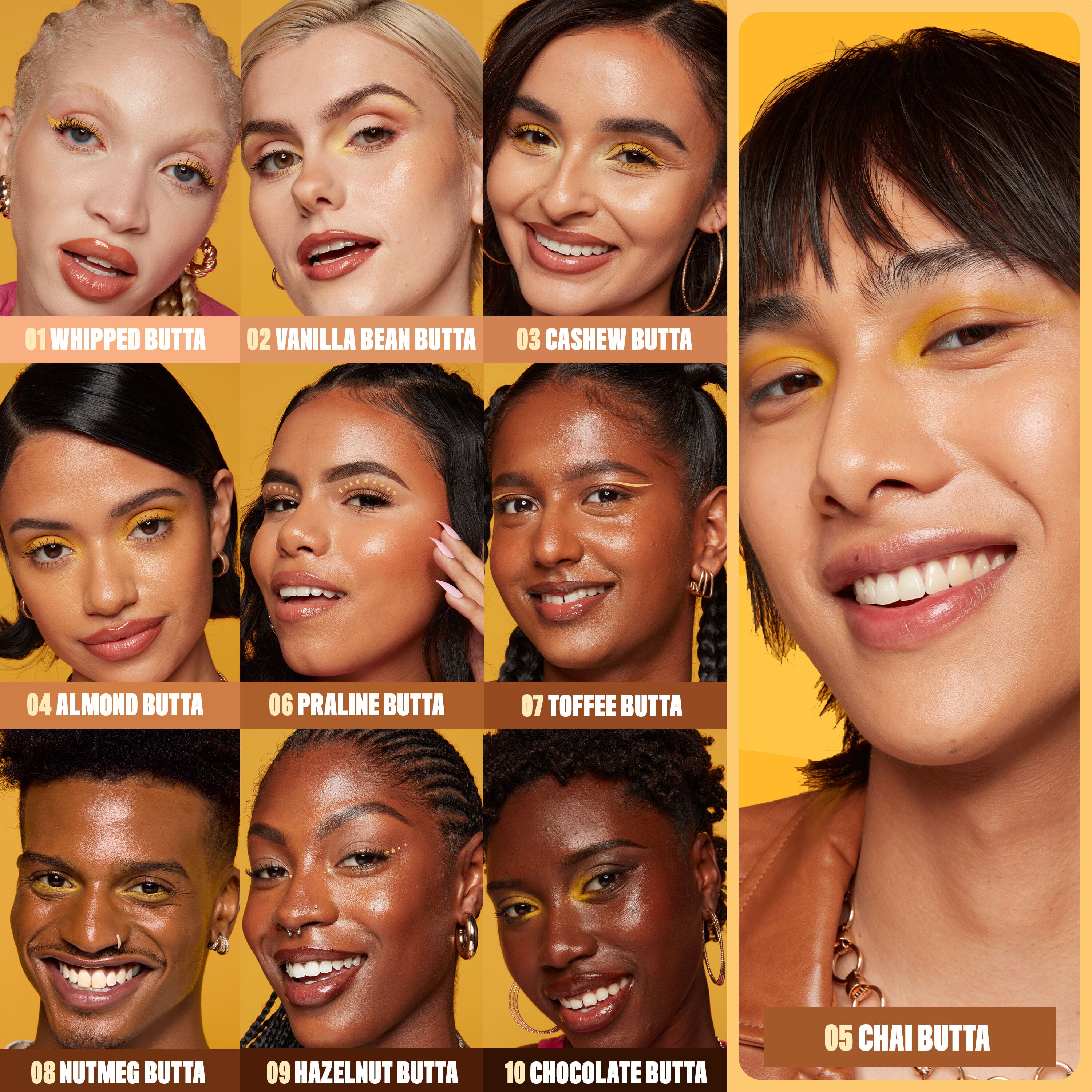 models wearing all ten shades of Buttermelt Glaze Skin Tint with SPF 30