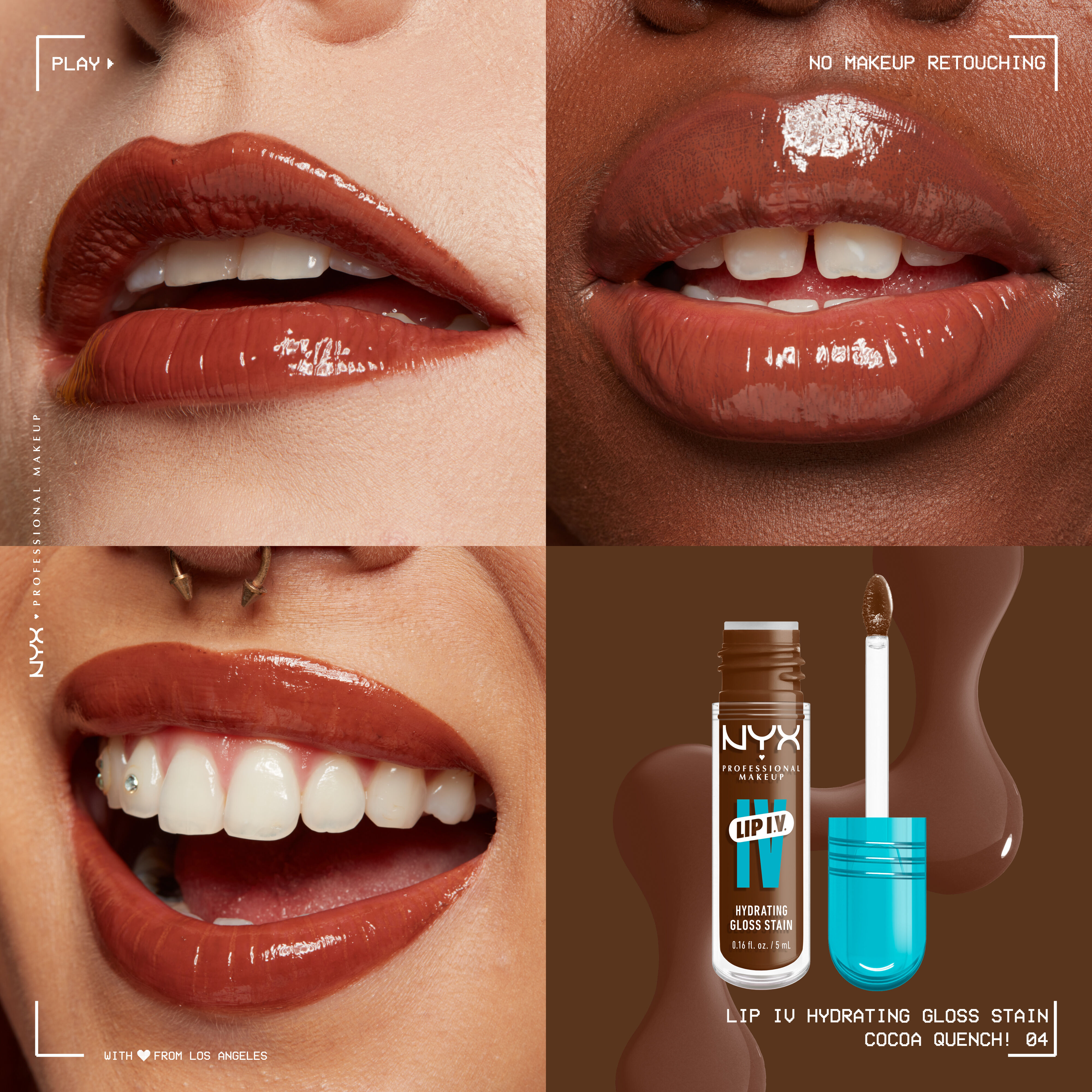Lip I.V. Hydrating Lip Stain Gloss on three different skin tones