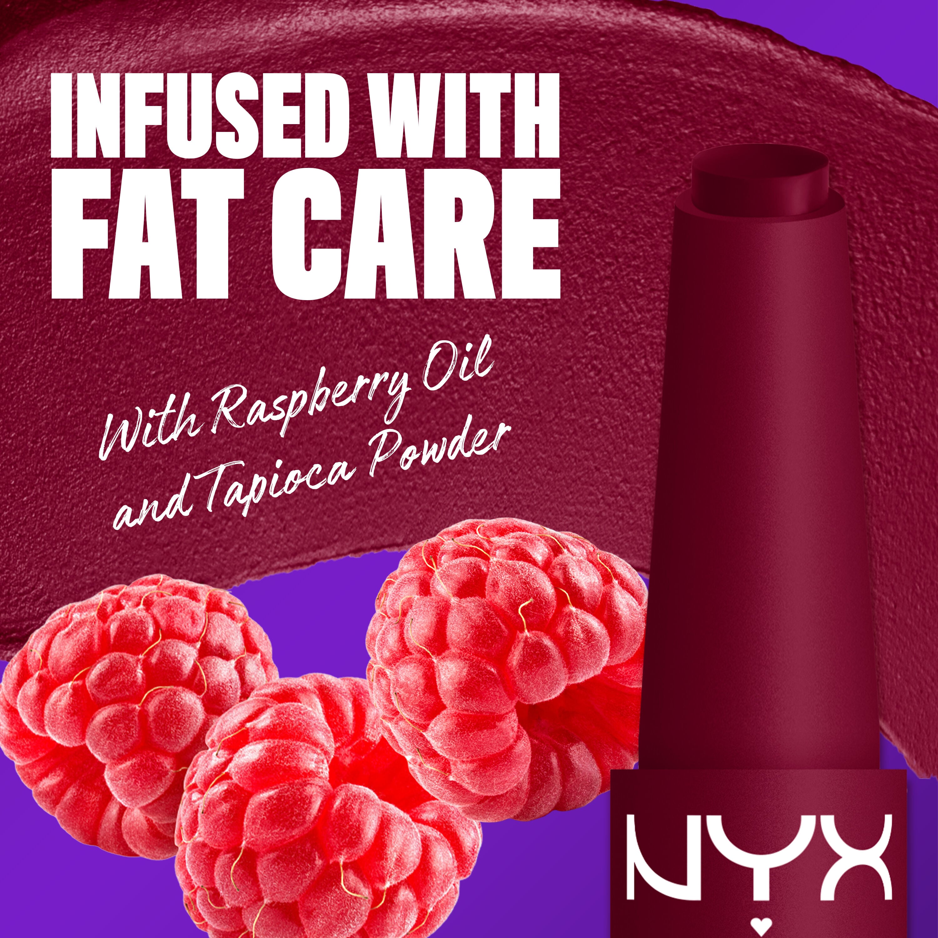 NYX Professional Makeup Fat Matte Smooth Color Lipstick infused with raspberry oil and tapioca powder for soft, smooth creamy matte lip color.