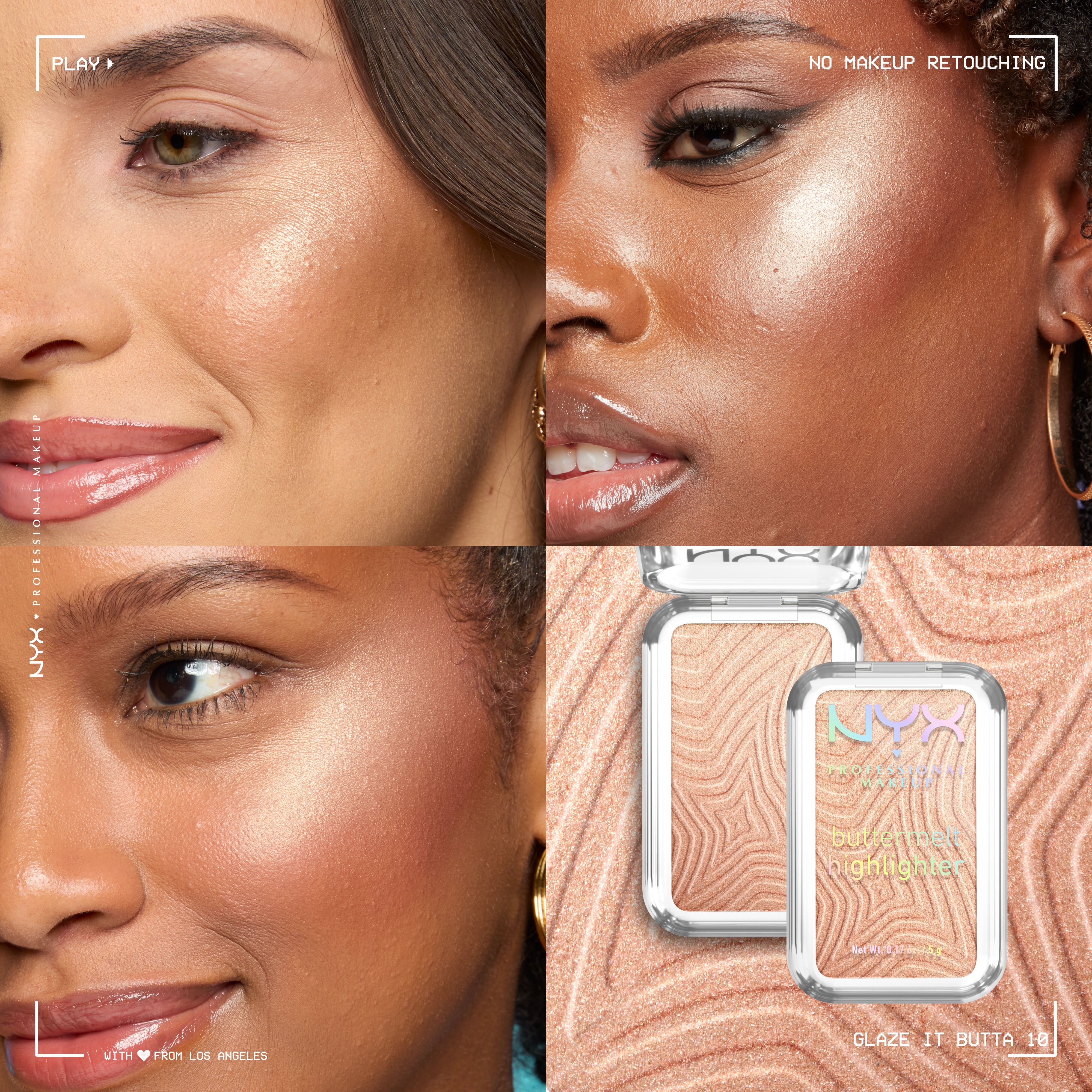 A collage with 3 models with different skintones wearing Buttermelt Highlighter in shade Glaze It Butta and a packshot