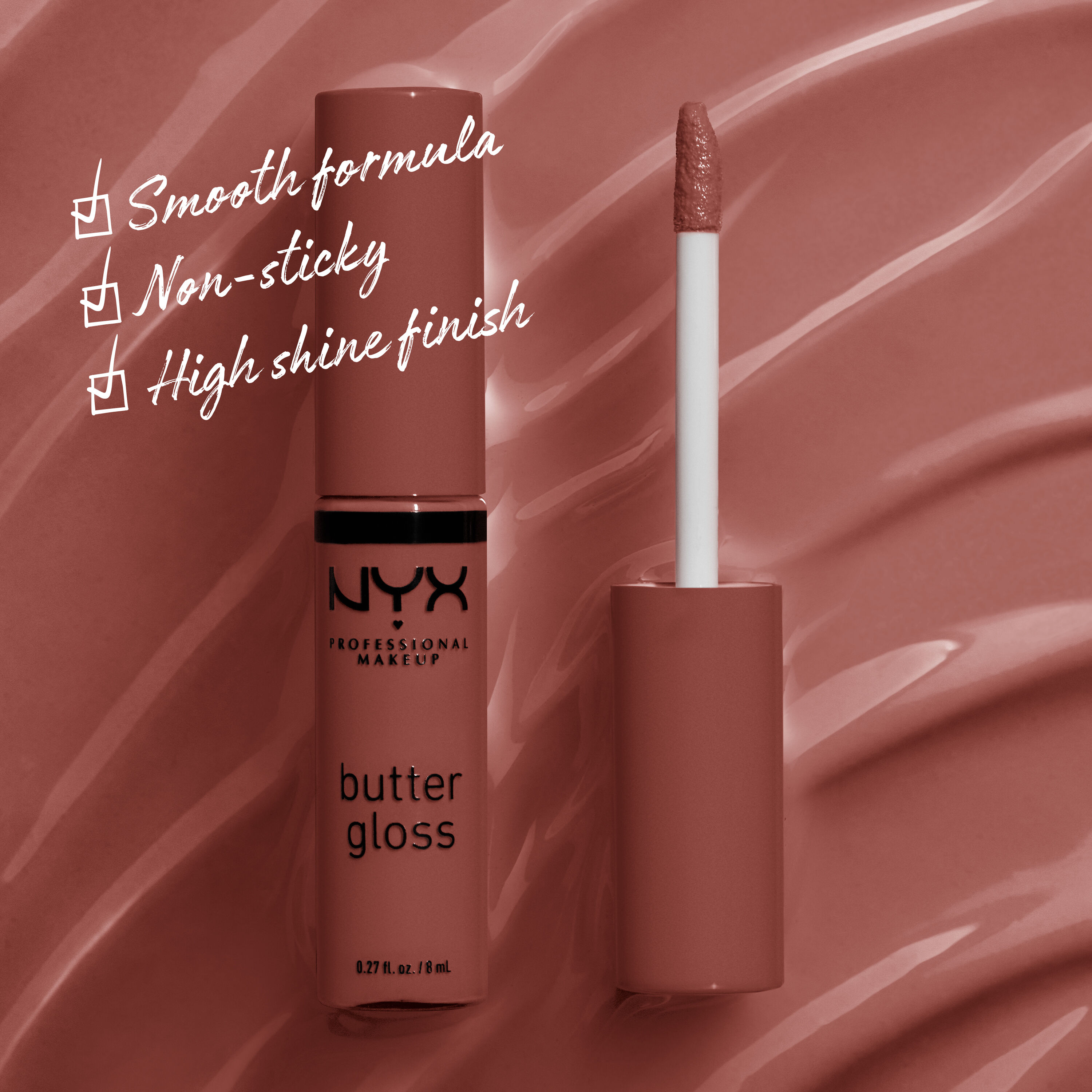 NYX Professional Makeup Butter Gloss in 16 Praline shown open with smooth formula, non-sticky feel and high-shine finish on a brown nude background.