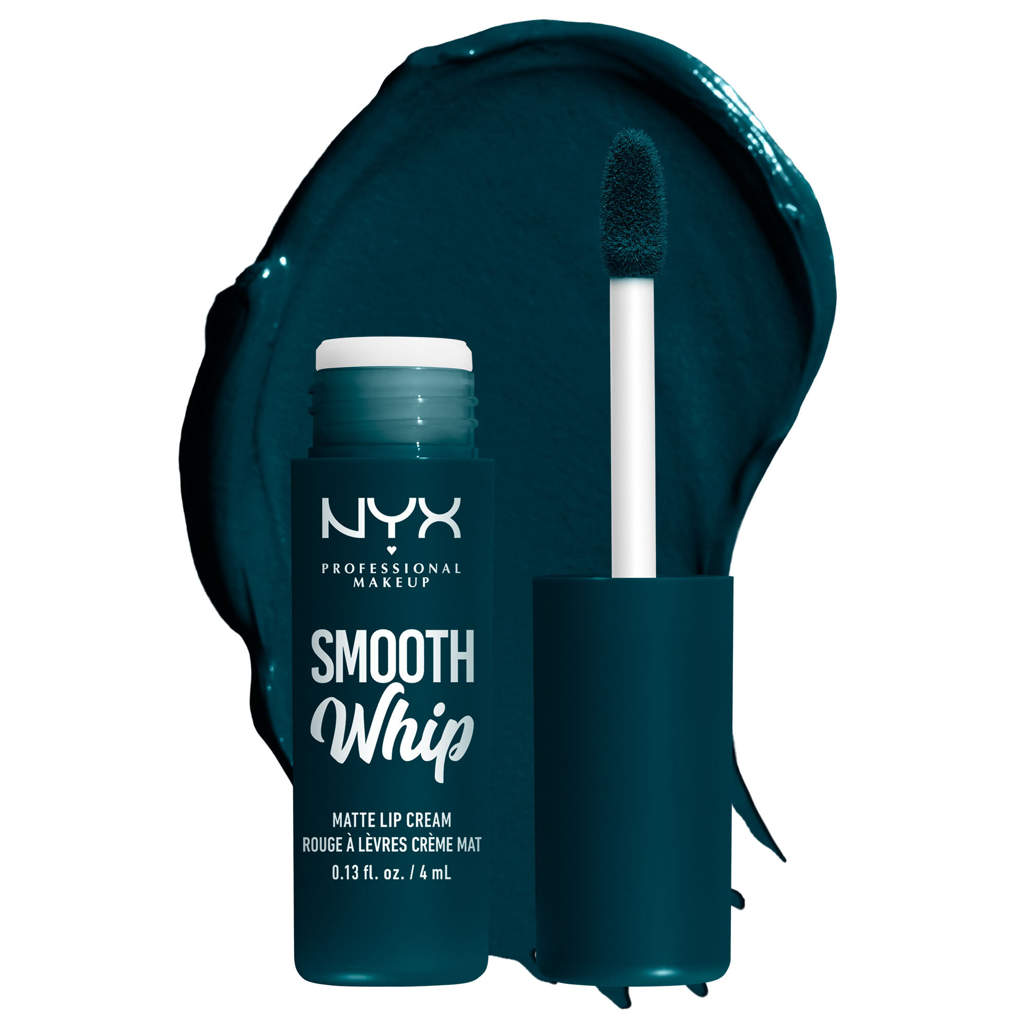 Feelings Smooth Whip Matte Lip Cream open tube on white background & dark green blue lip cream smear