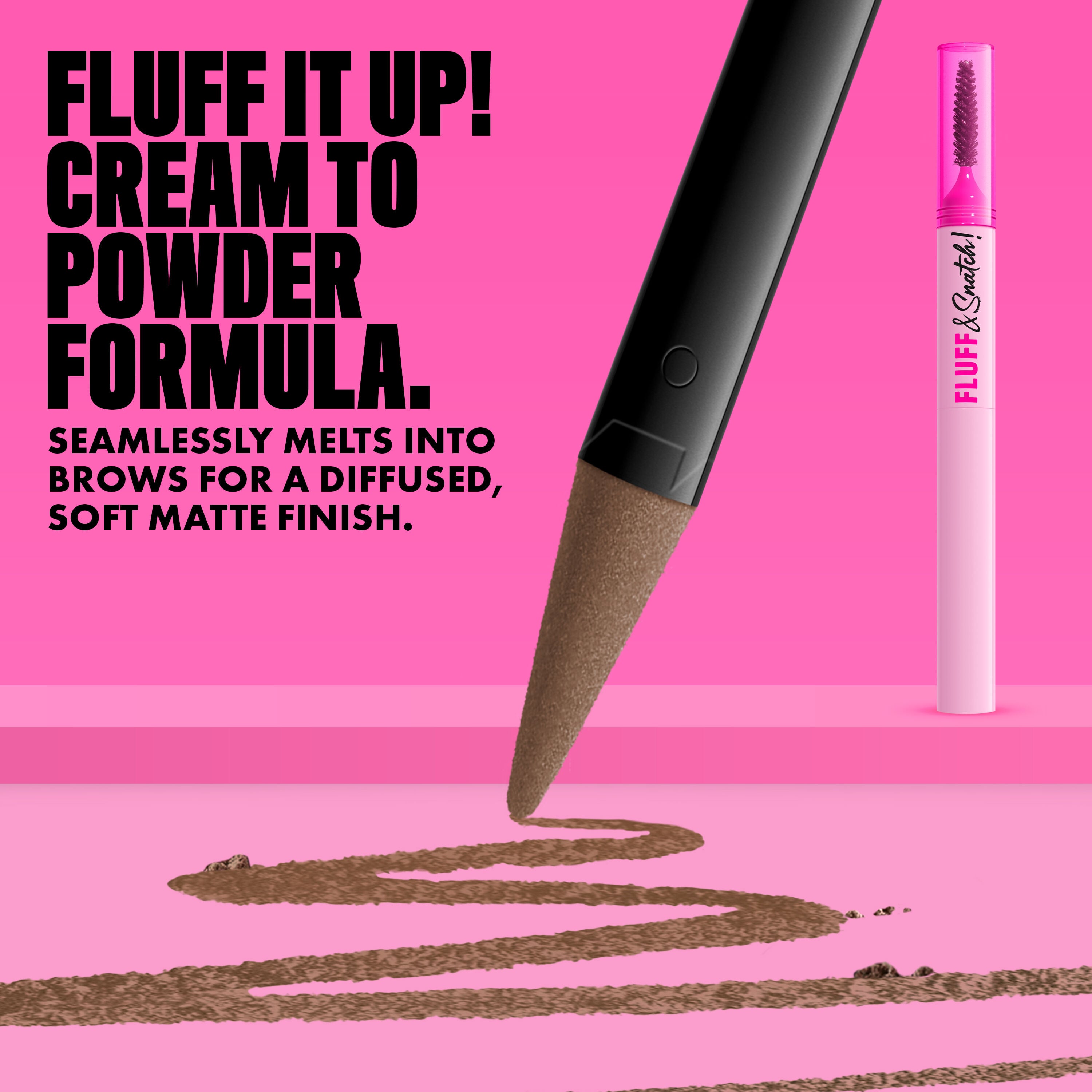 NYX Fluff and Snatch Brow Powder Pen with product swatch and benefits text on a pink background in shade 02 Taupe