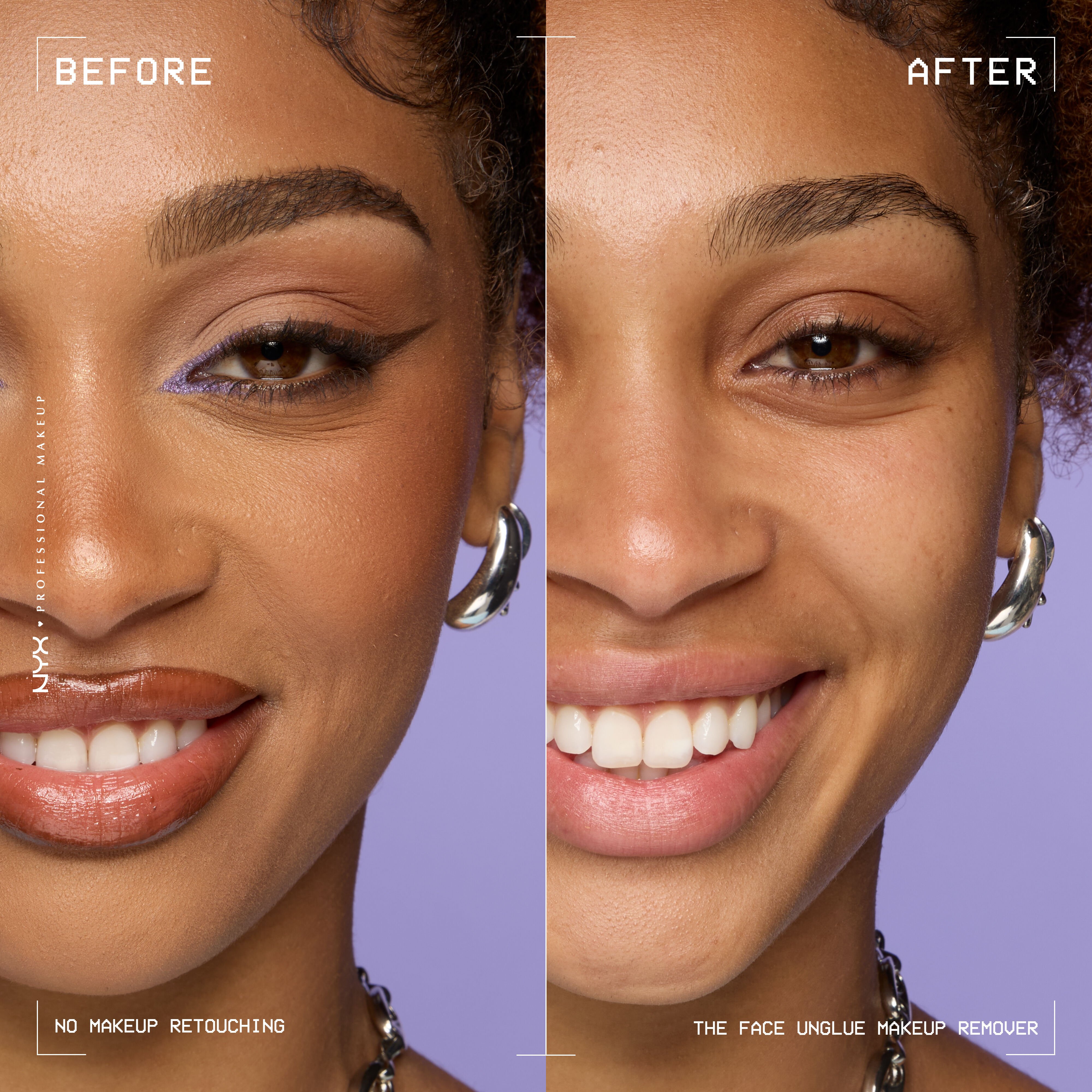 Split image showing makeup before and after using The Face Unglue Makeup Remover Cleansing Balm.