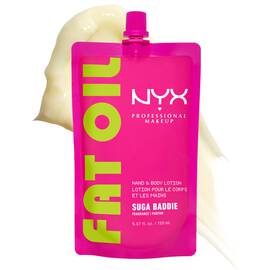 NYX Professional Makeup Fat Oil hand and body lotion in Suga Baddie packaging with creamy lotion texture shown behind product.