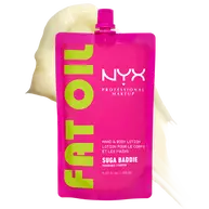 NYX Professional Makeup Fat Oil hand and body lotion in Suga Baddie packaging with creamy lotion texture shown behind product.