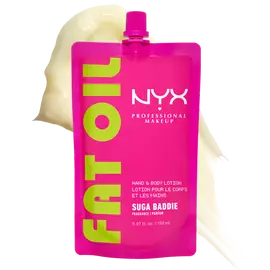 NYX Professional Makeup Fat Oil hand and body lotion in Suga Baddie packaging with creamy lotion texture shown behind product.