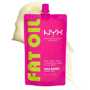 NYX Professional Makeup Fat Oil hand and body lotion in Suga Baddie packaging with creamy lotion texture shown behind product.