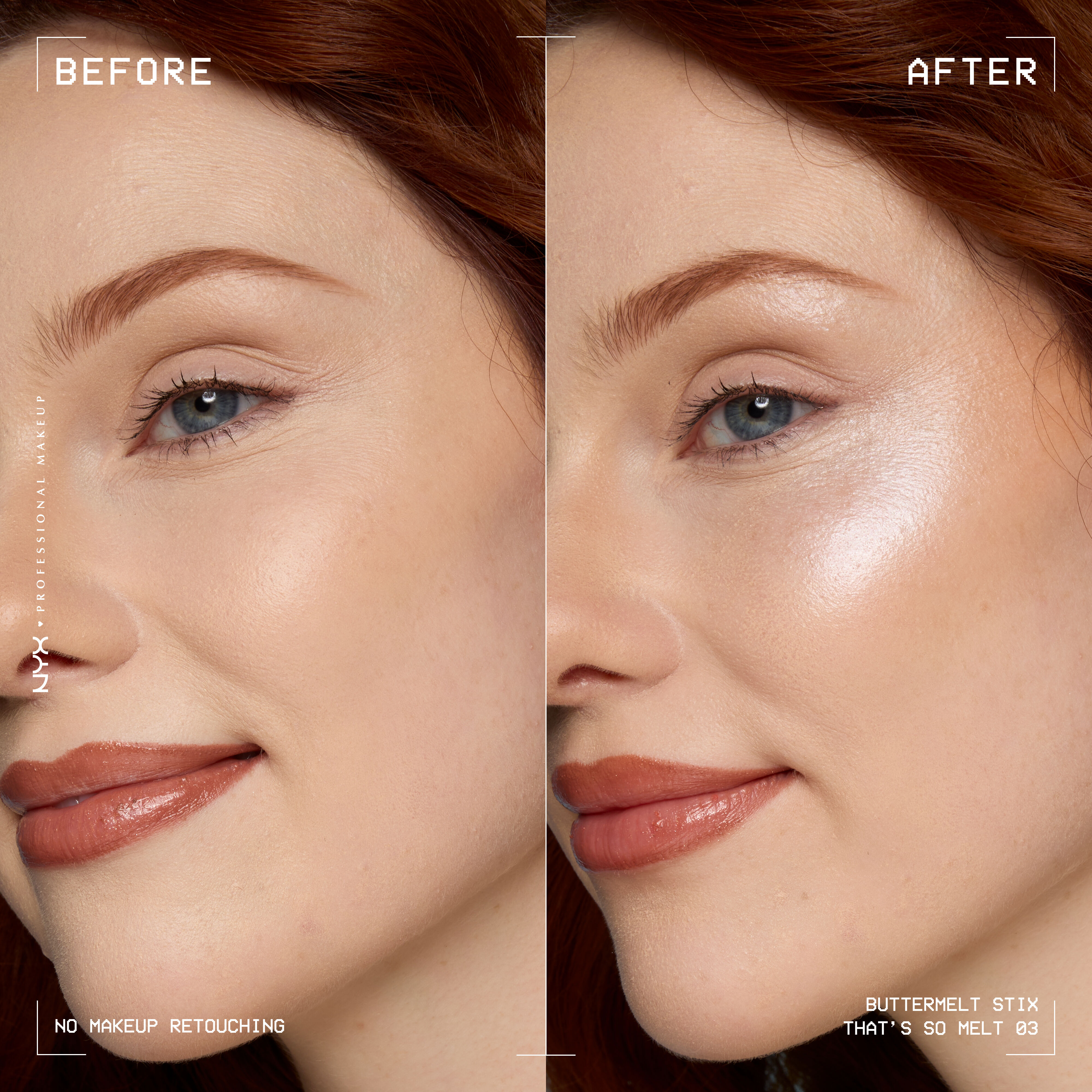 Before and after of model using NYX Buttermelt Stix That’s So Melt 03 