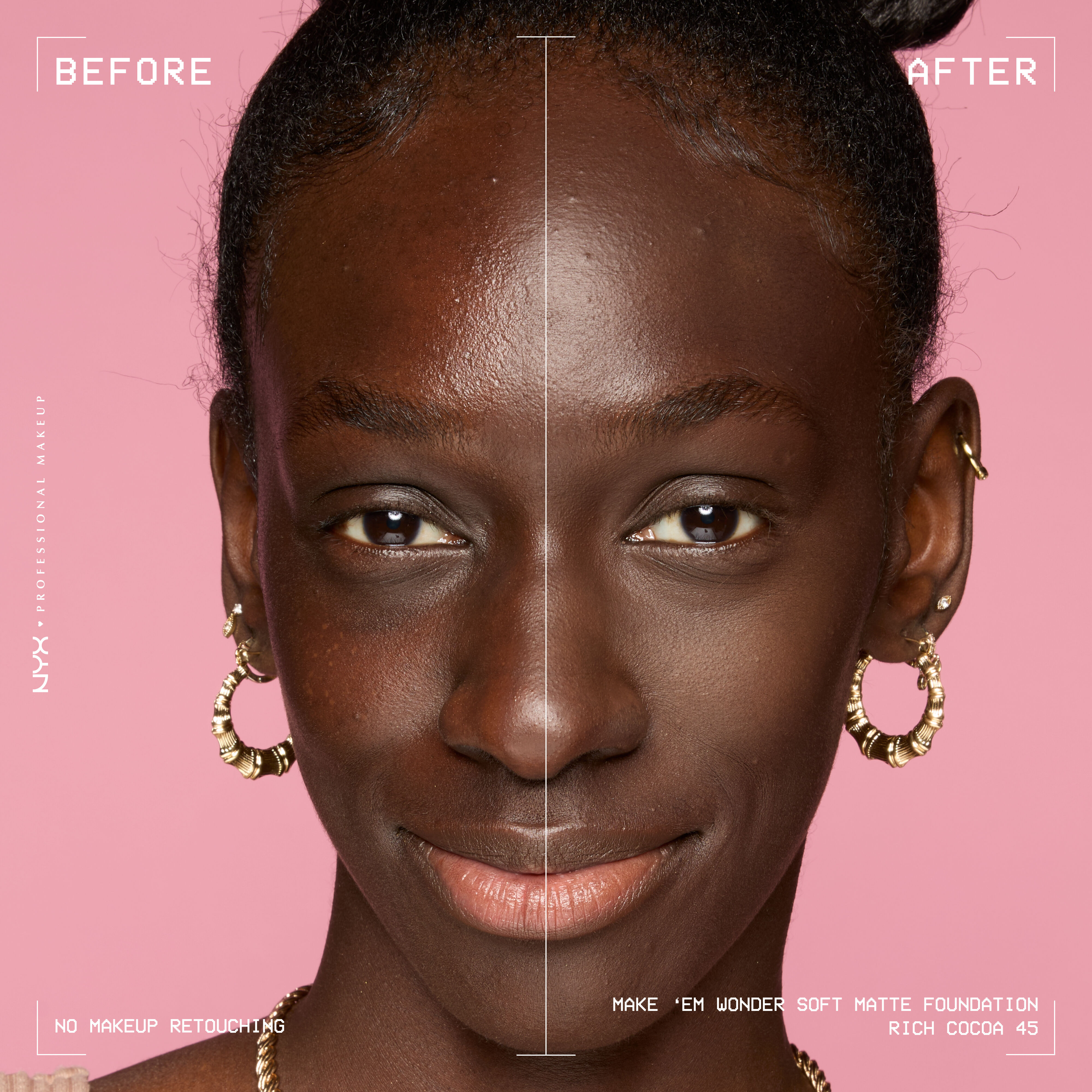 Before and after of model wearing NYX Make ’Em Wonder Foundation in shade 45 Rich Cocoa