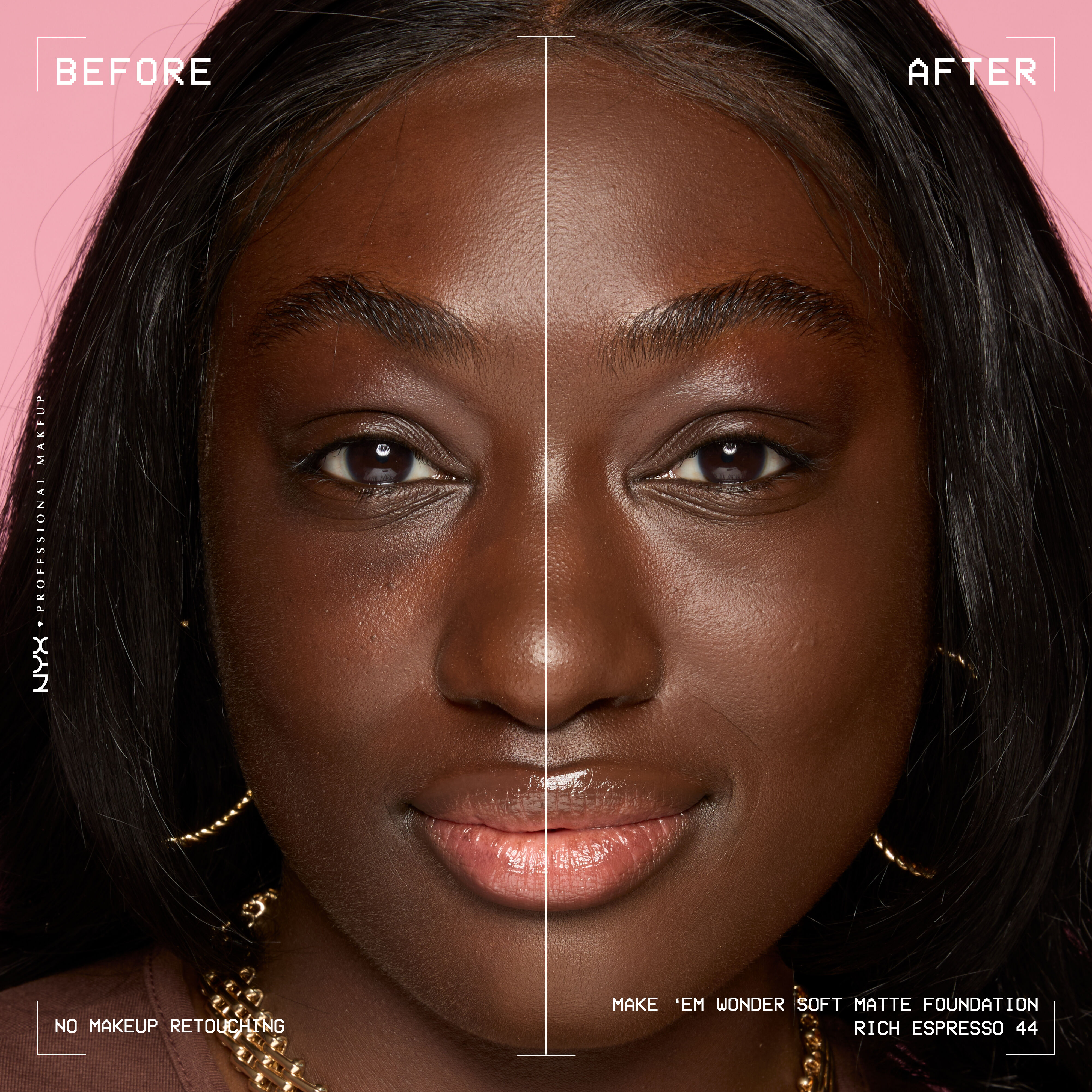 Before-and-after model image wearing NYX Make ’Em Wonder shade 46 Rich Espresso, text overlay “Before / After.”