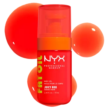NYX Professional Makeup Juicy Boo Body Oil - orange bottle packshot on white background.