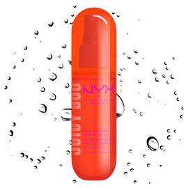 Front packshot of Juicy Boo spray mist with droplet particles on white background.