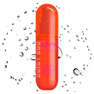 Front packshot of Juicy Boo spray mist with droplet particles on white background.