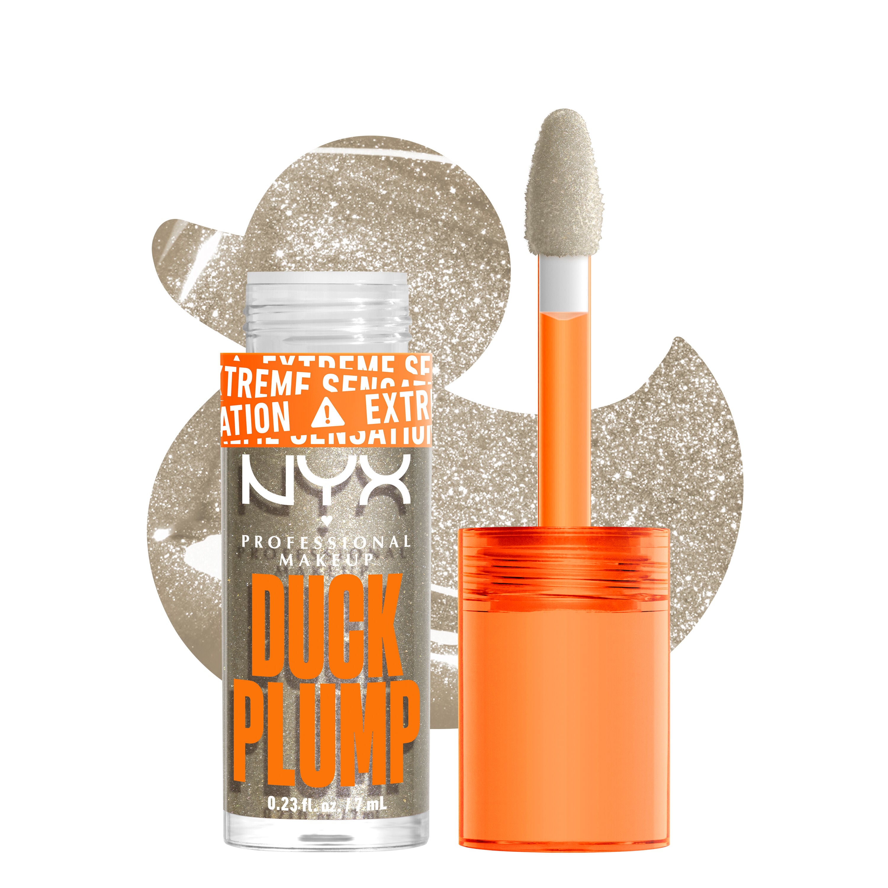 Duck Plump glitter holographic lip gloss bottle and applicator with duck cutout background