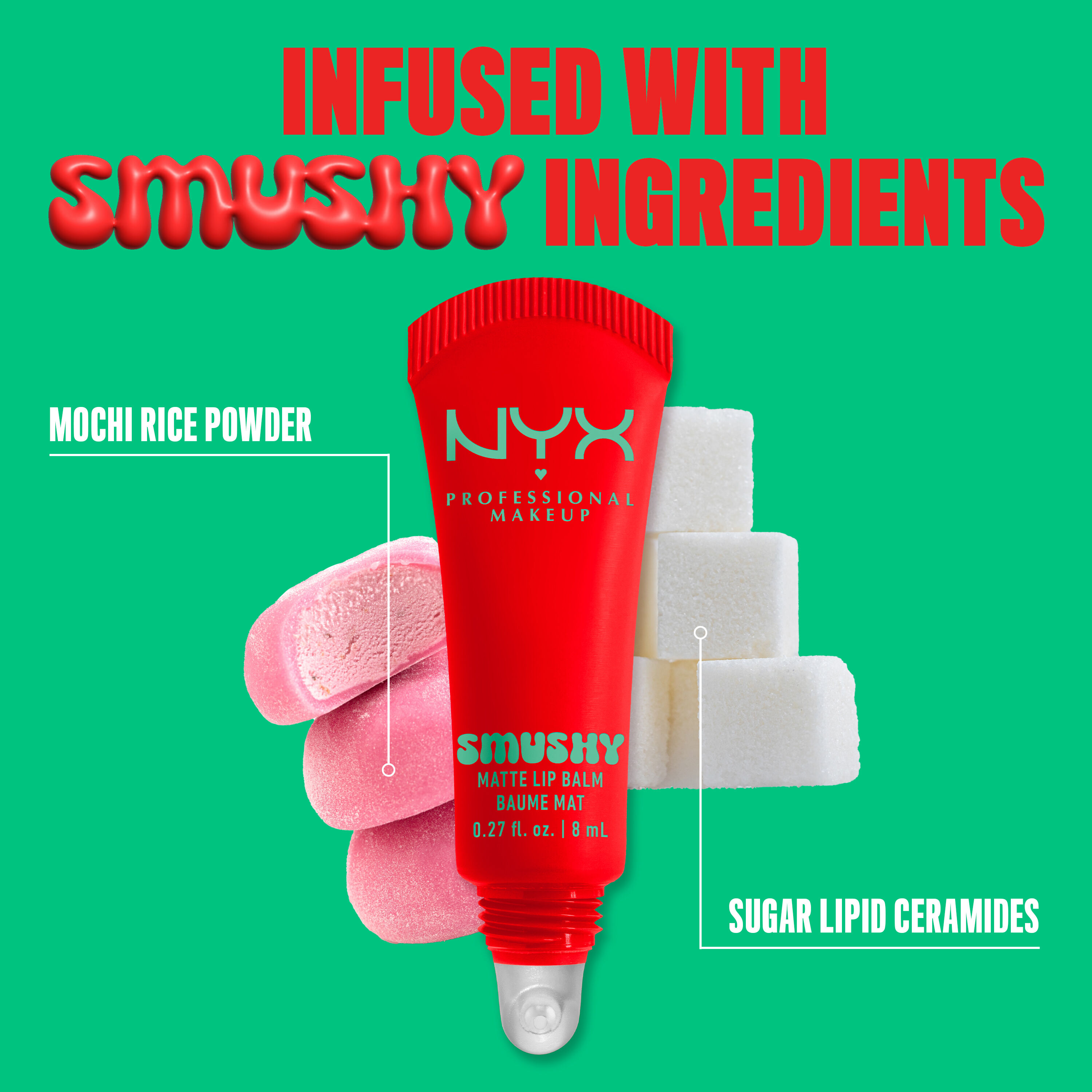 Smushy Matte Lip Balm in shade "Soft Sorbet" with mochi & sugar cubes with text "mochi rice powder" & "sugar lipid ceramides"