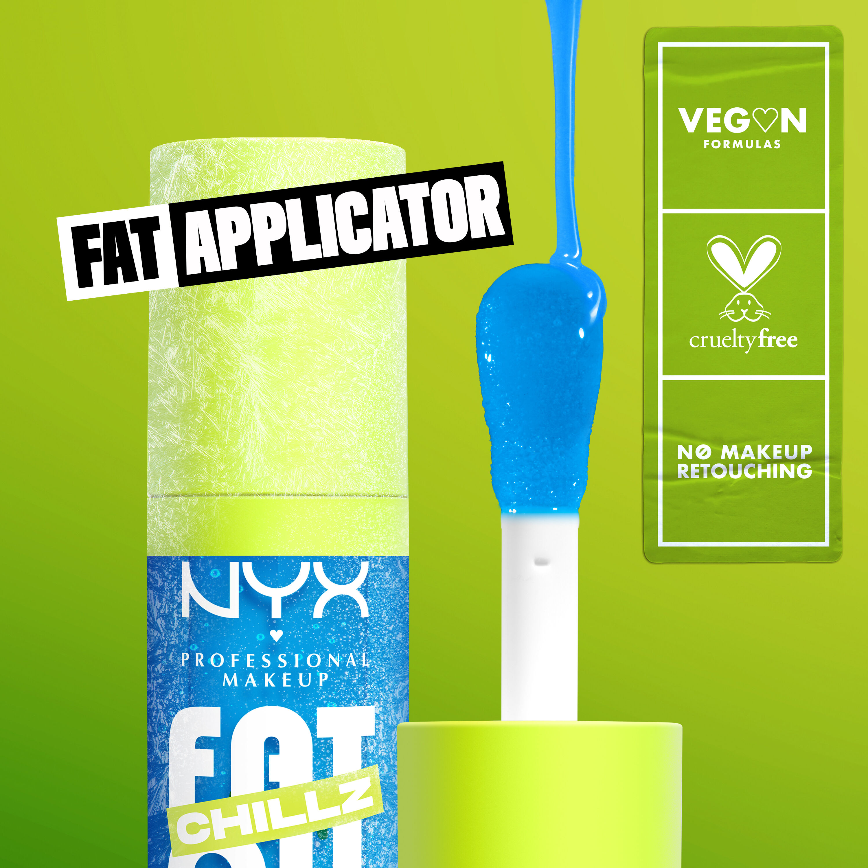 Fat Oil Chillz in shade Polar Peppermint close up to applicator and bottle. Fat Applicator. Vegan. Cruelty Free. No Makeup Retouching. 
