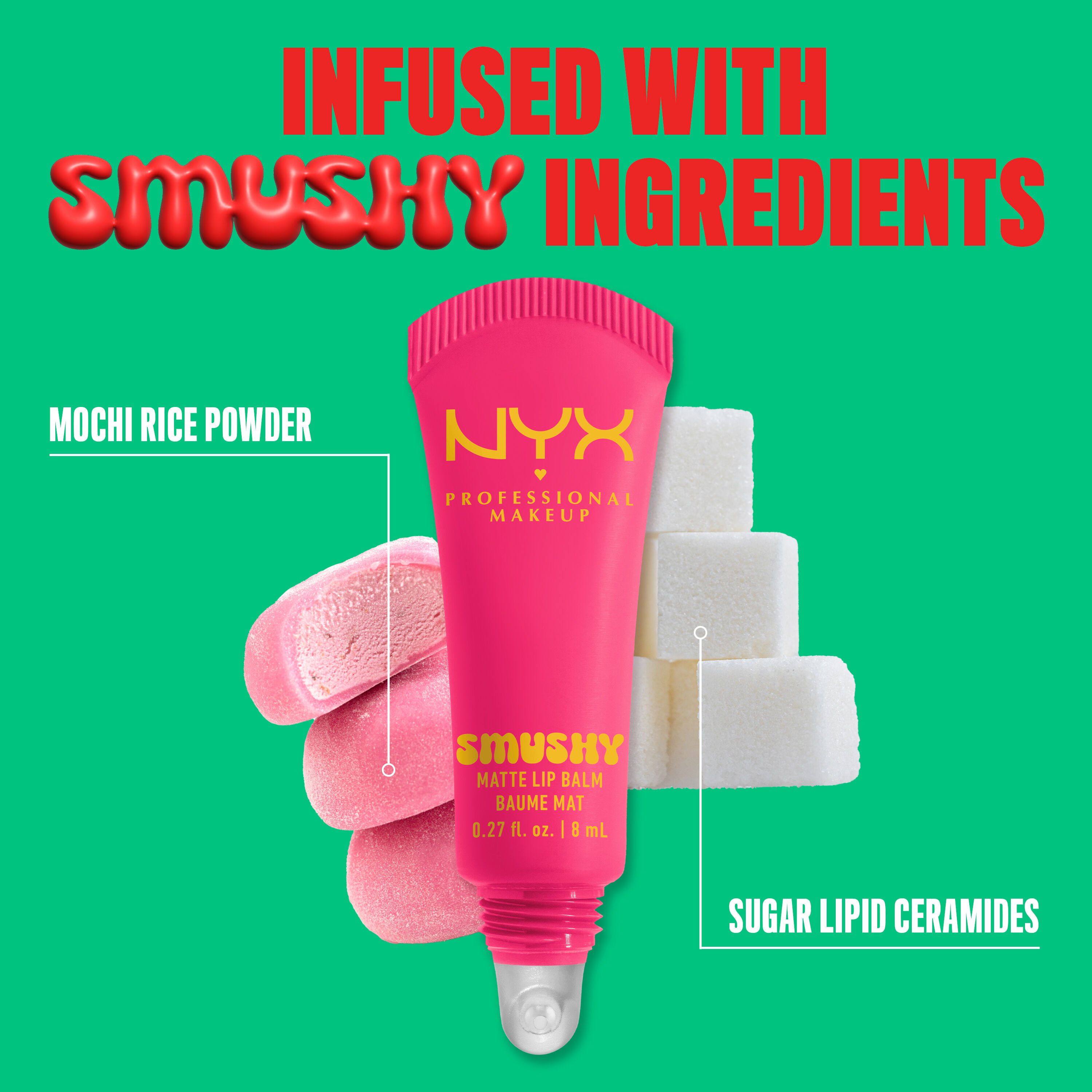 Smushy Matte Lip Balm in shade "Sweet Smack" with mochi & sugar cubes with text "mochi rice powder" & "sugar lipid ceramides"