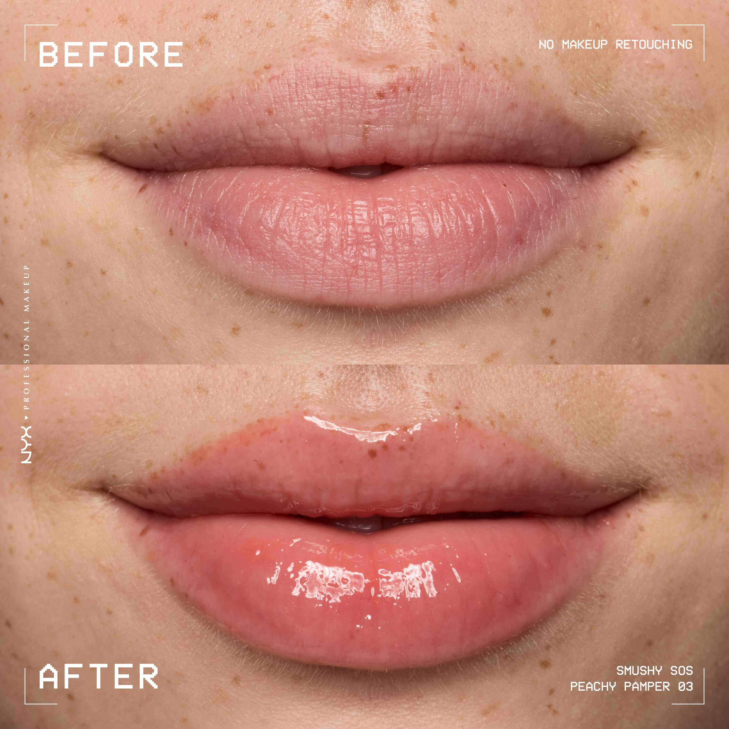 Before and after of dry lips vs glossy hydrated lips with NYX Professional Makeup Smushy SOS lip mask in Peachy Pamper