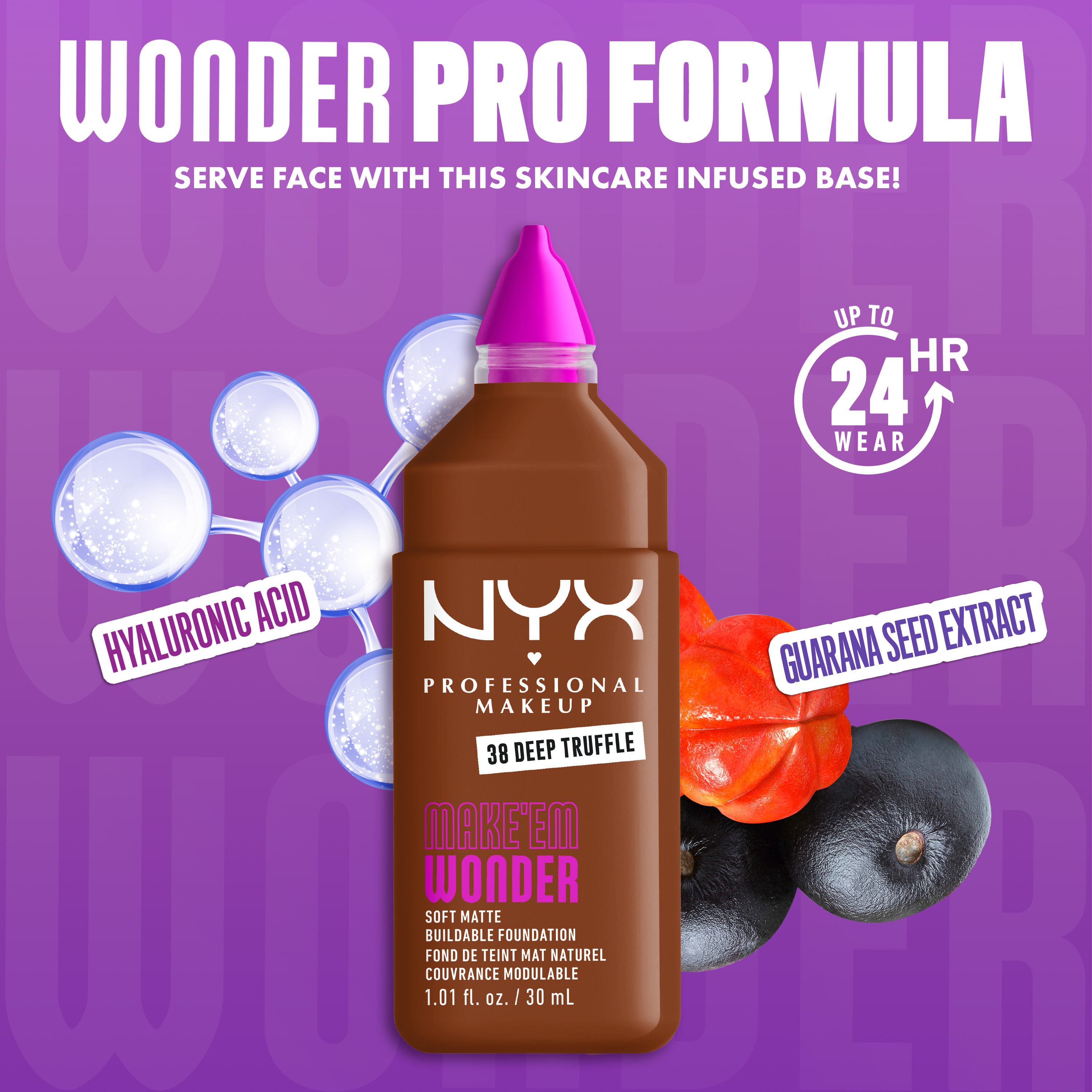 NYX Make ’Em Wonder Foundation shade 38 Deep Truffle with text overlay “Wonder Pro Formula,” featuring hyaluronic acid and guarana seed extract.