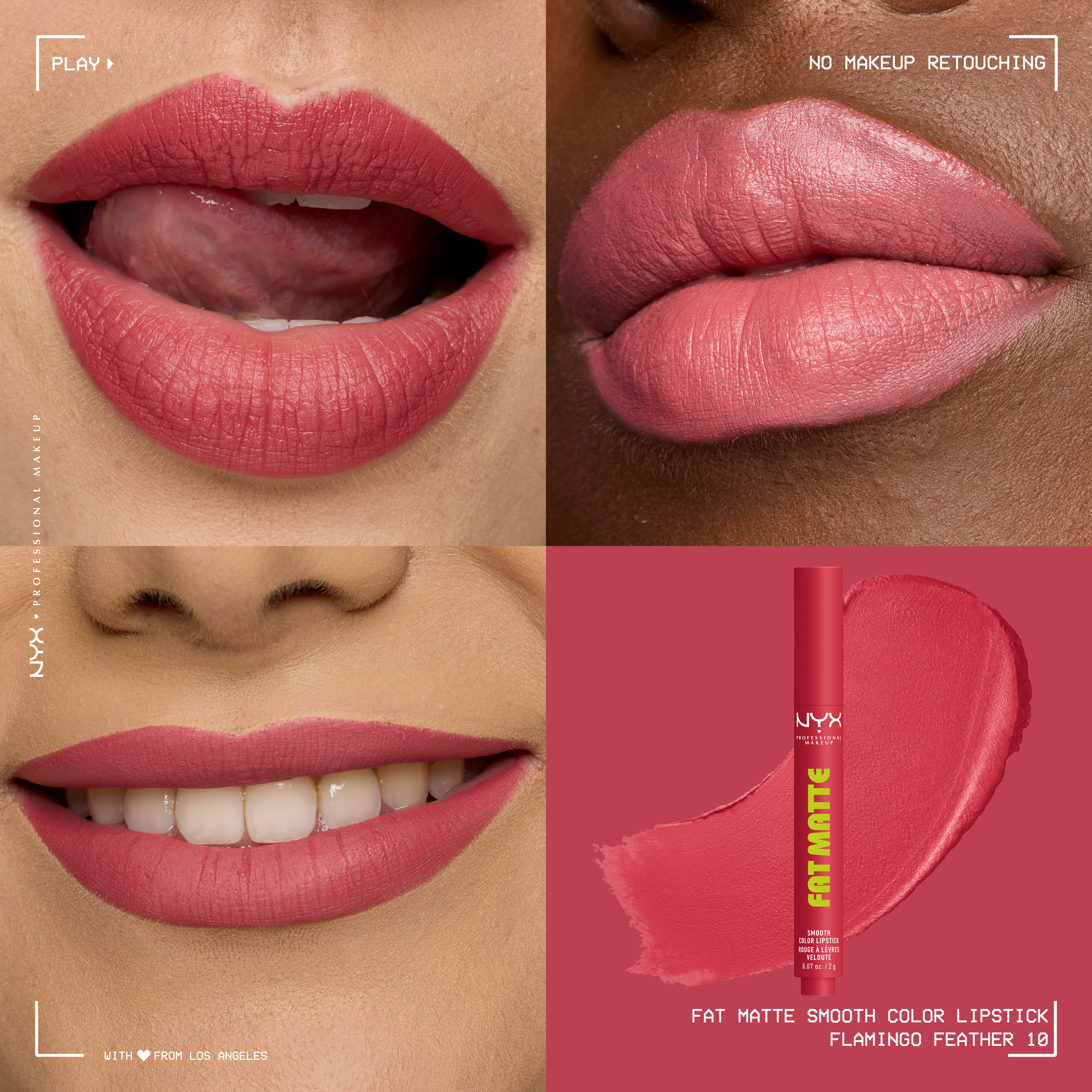 Four-panel grid showing NYX Professional Makeup Fat Matte Smooth Color Lipstick in shade Flamingo Feather on three diverse skin tones with a smooth, non-cakey matte finish, alongside the click-pen packshot and shade swatch.