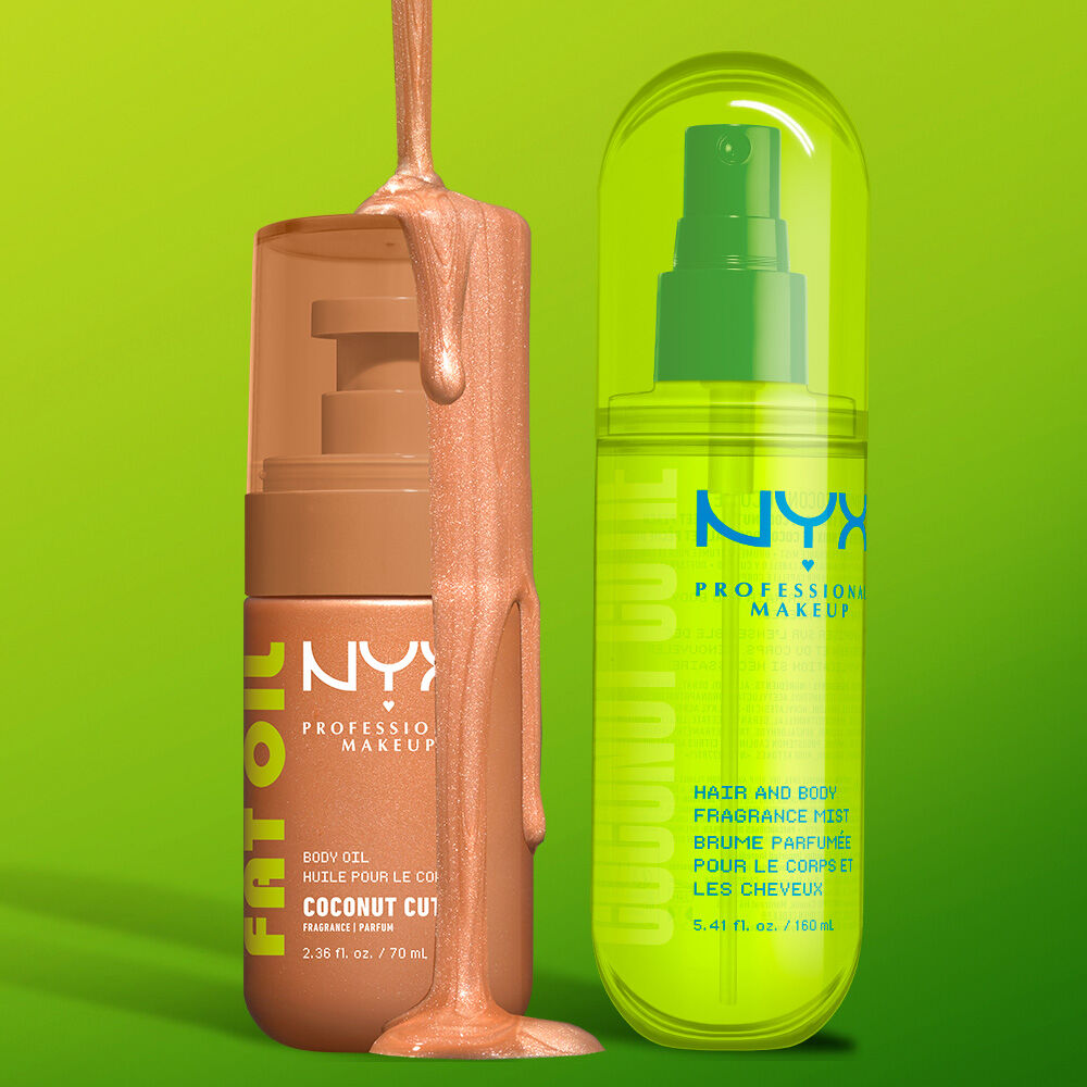 Two NYX Professional Makeup Coconut Cutie products on a lime green background with glossy bronze liquid: Fat Oil body oil in a tan pump bottle and hair & body fragrance mist in a neon green spray bottle.