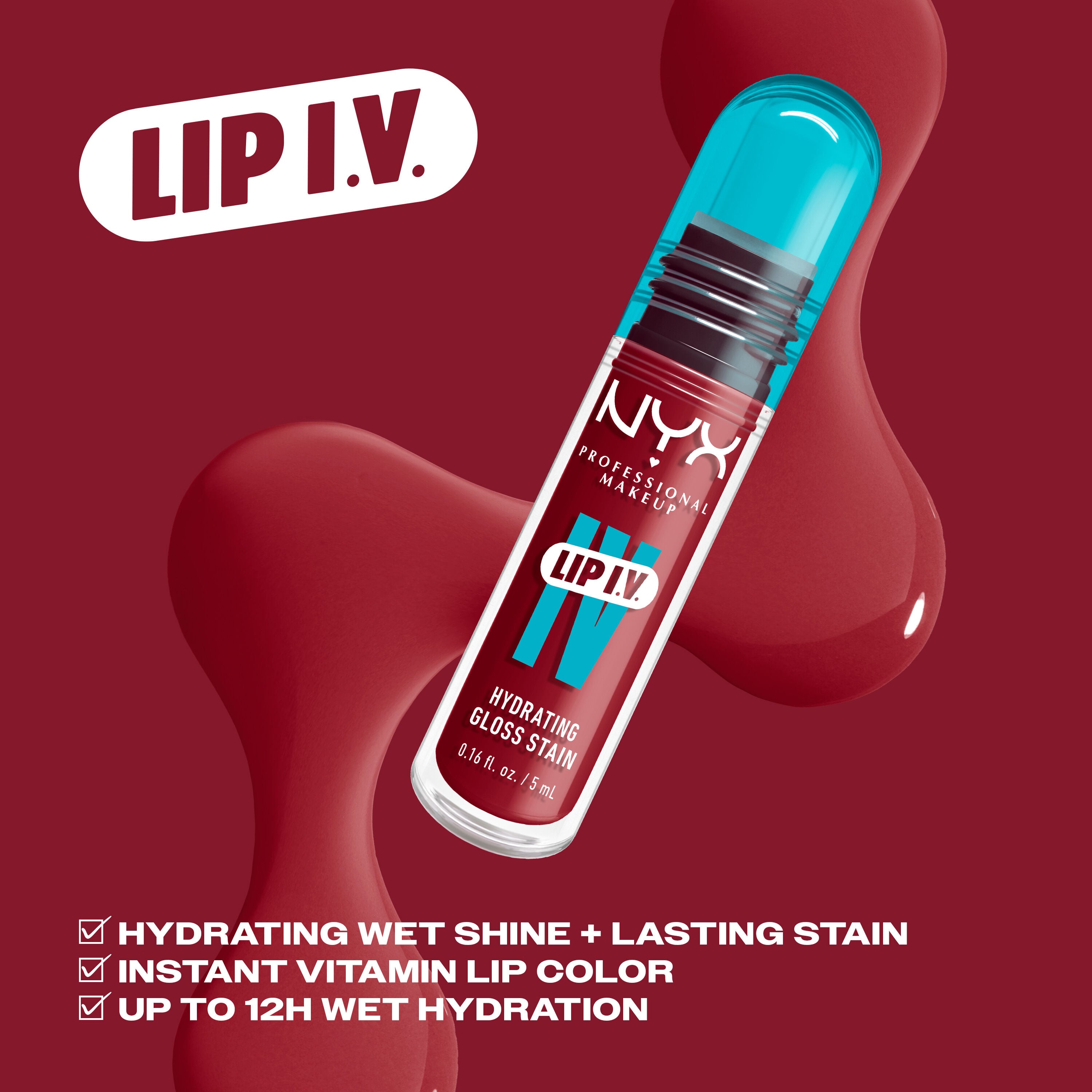 NYX Professional Makeup Lip I.V. Hydrating Lip Gloss Stain shown with hydrating wet shine, lasting stain and up to 12H hydration benefits.