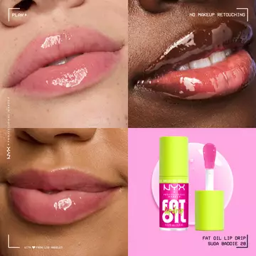 Collage of glossy lips on multiple skin tones wearing NYX Professional Makeup Fat Oil Lip Drip in Suga Baddie, alongside product tube and applicator showing high-shine hydrating finish.