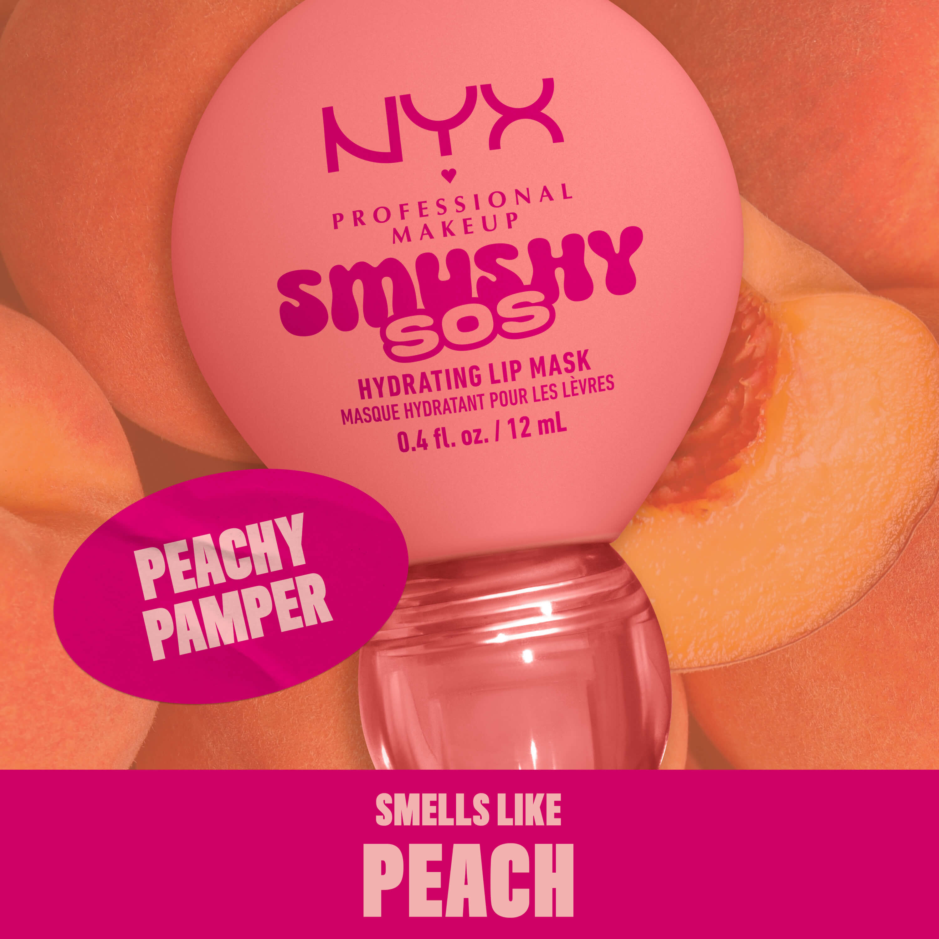 NYX Professional Makeup Smushy SOS lip mask in Peachy Pamper with fresh peaches, scented like peach