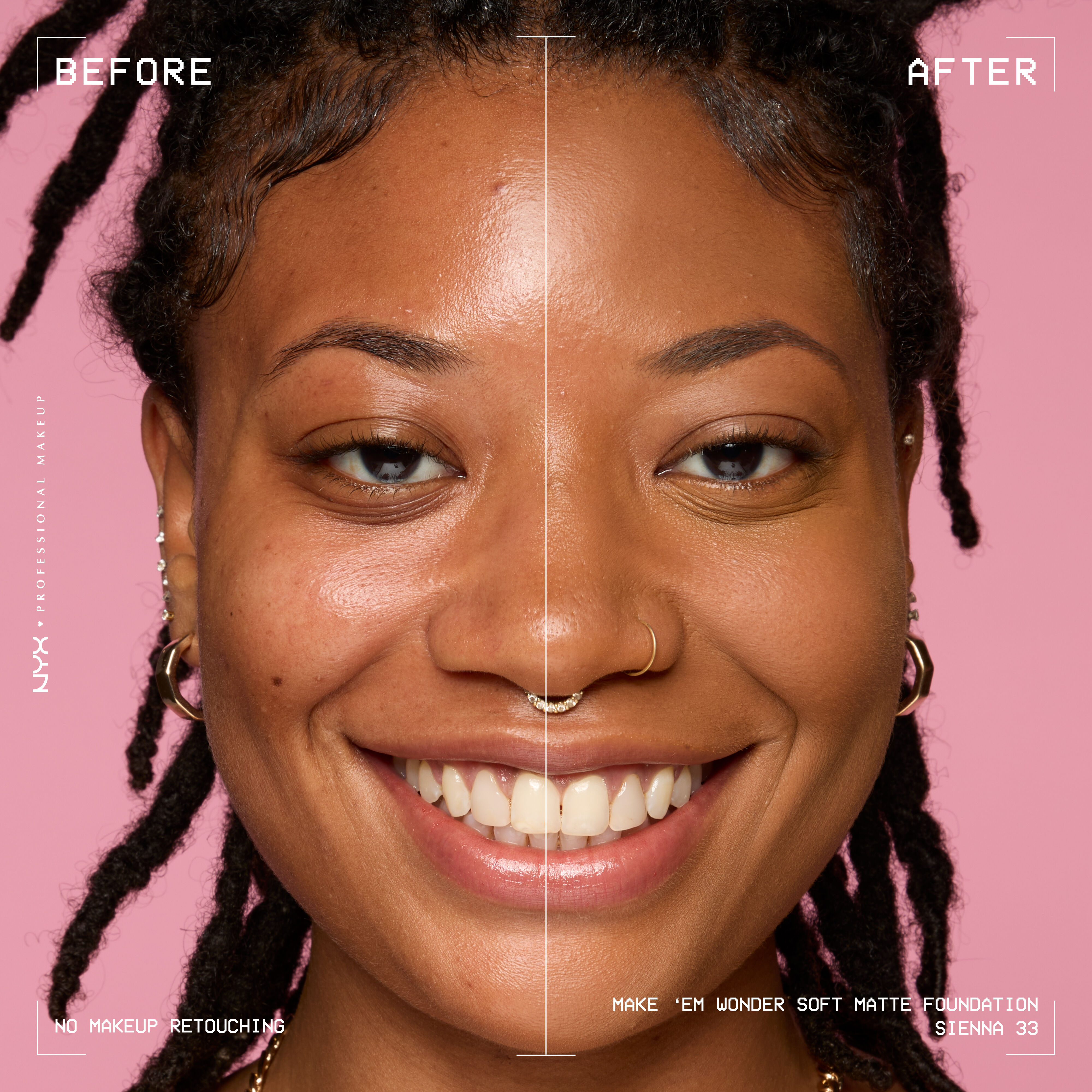 Before-and-after model wearing NYX Make ’Em Wonder Foundation shade 33 Sienna, text overlay “Before / After.”