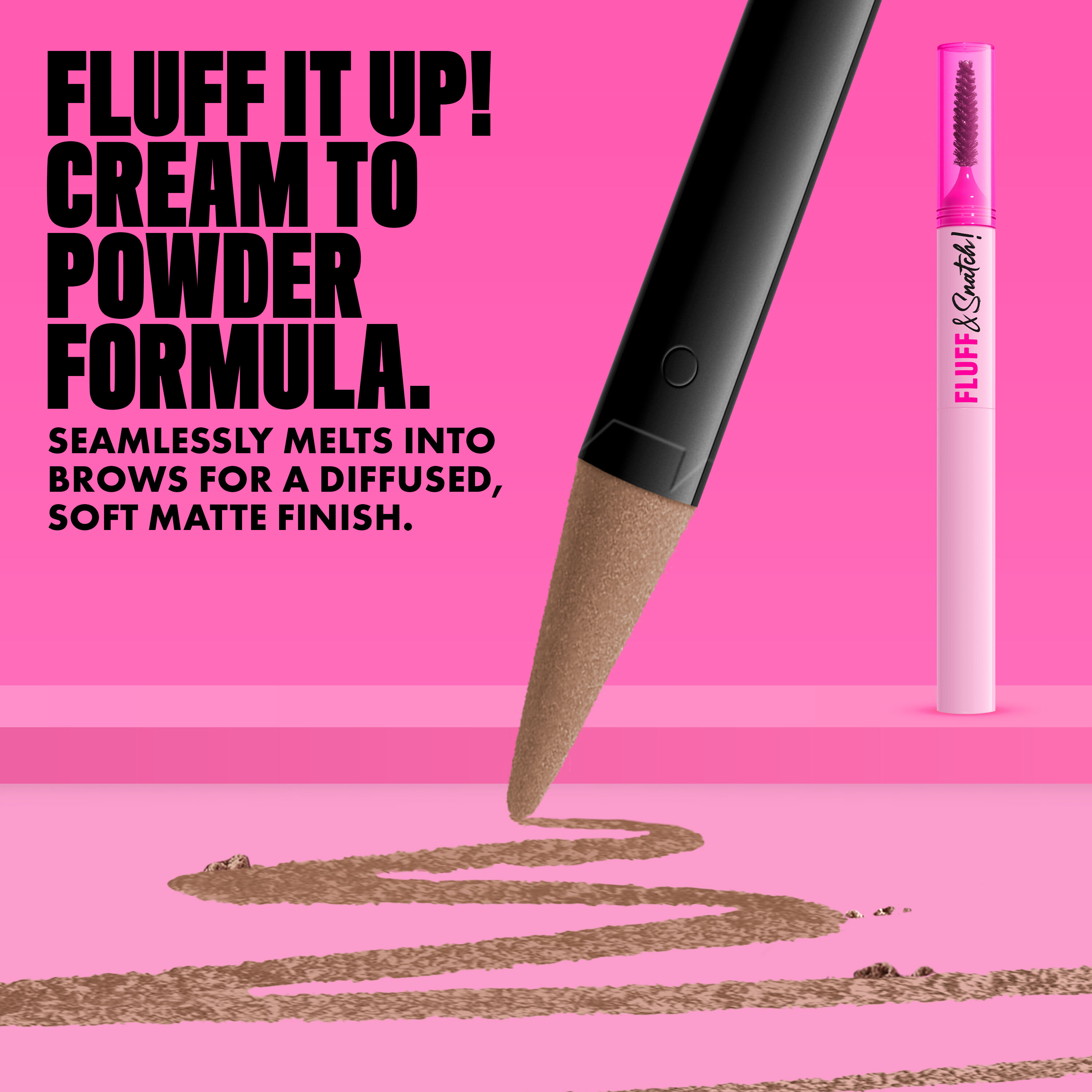 NYX Fluff and Snatch Brow Powder Pen with product swatch and benefits text on a pink background in shade 01 Ash Blonde