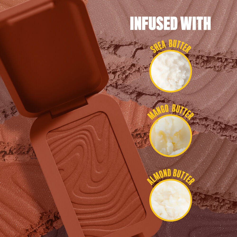 Open Buttermelt Bronzer in shade "Butta Match", with image close-ups of shea, mango, and almond butter