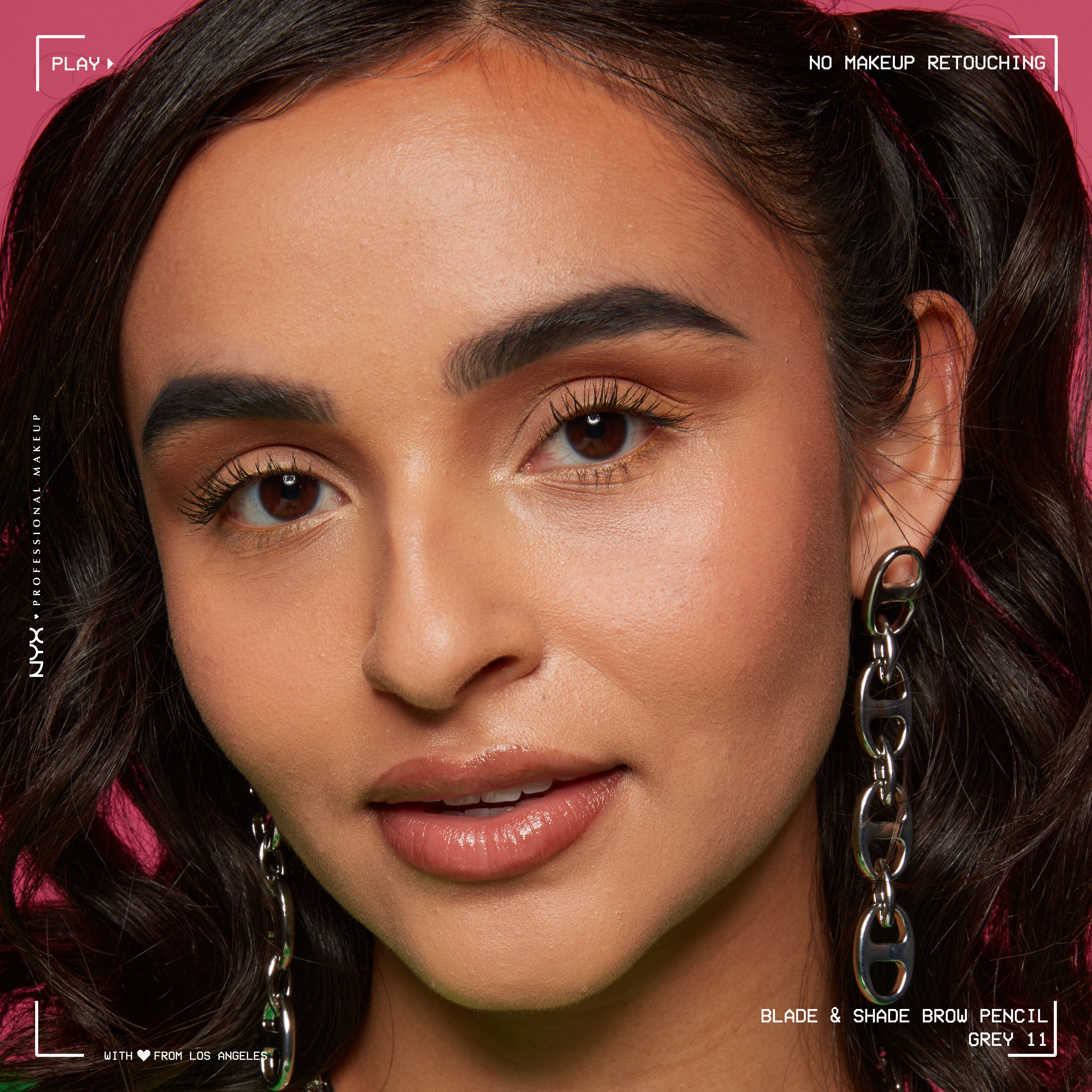 woman wearing Blade & Shade Nano Brow Pencil on pink background