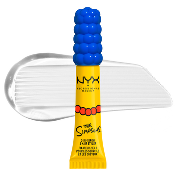 NYX Professional Makeup The Simpsons Mega Glue packshot with clear swatch and yellow packaging on a white background.