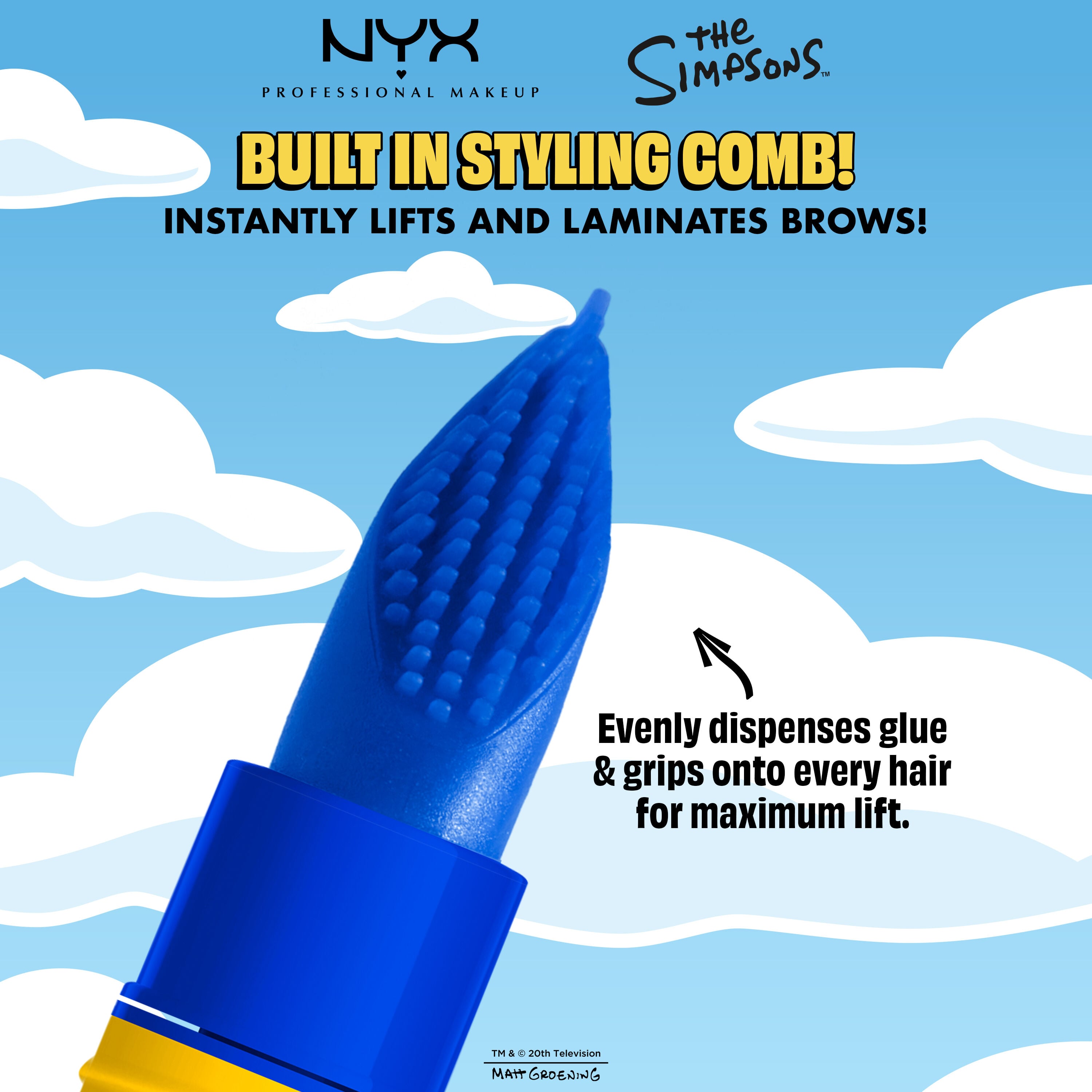 NYX Professional Makeup The Simpsons Mega Glue applicator, blue built-in styling comb with product claims on a blue background