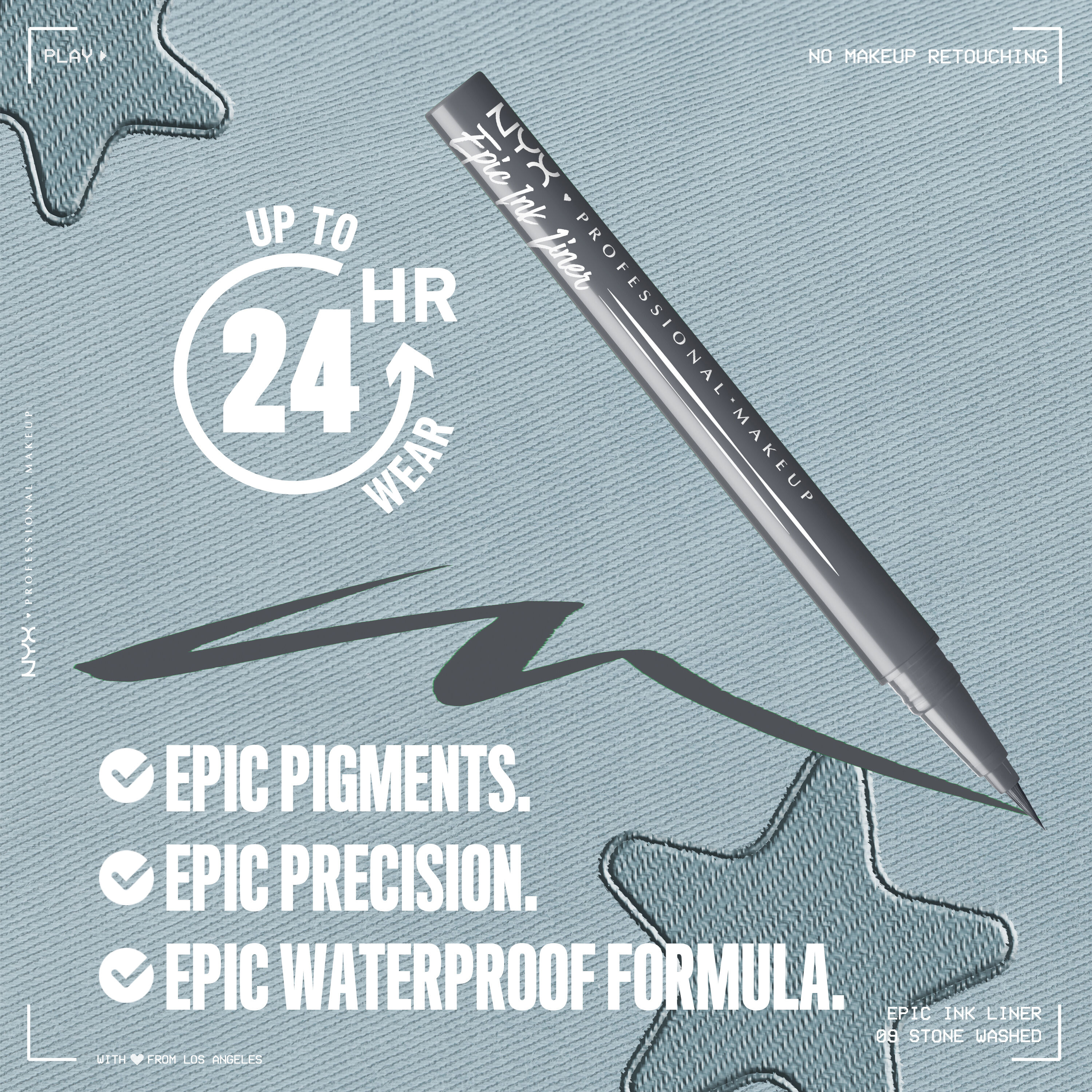 Epic Ink Liner in matte gray with text "Up to 24 HR wear. Epic Pigments. Epic Precision. Epic Waterproof Formula"