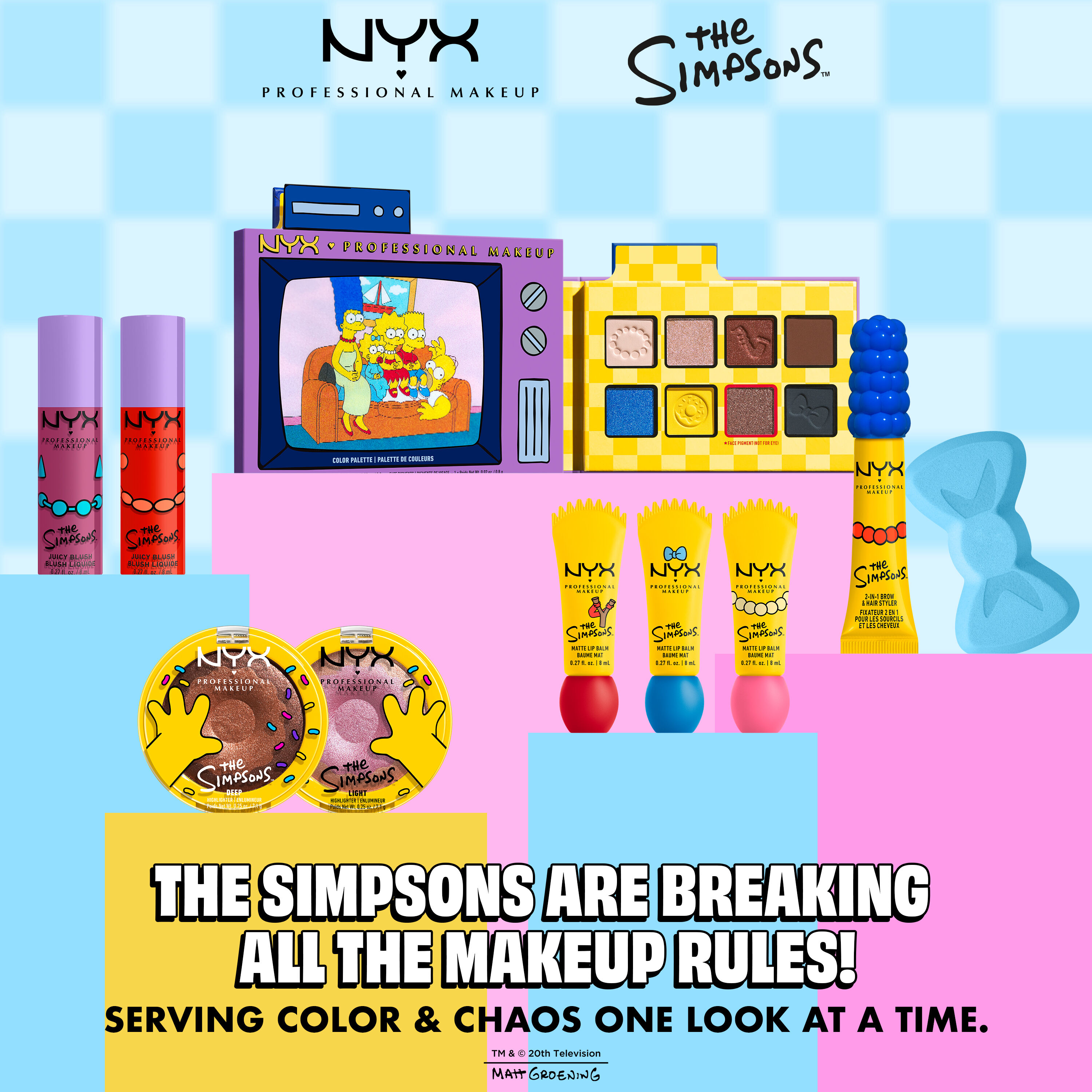 NYX Professional Makeup The Simpsons collection overview featuring multiple makeup products and colorful packaging on a pink and blue background.