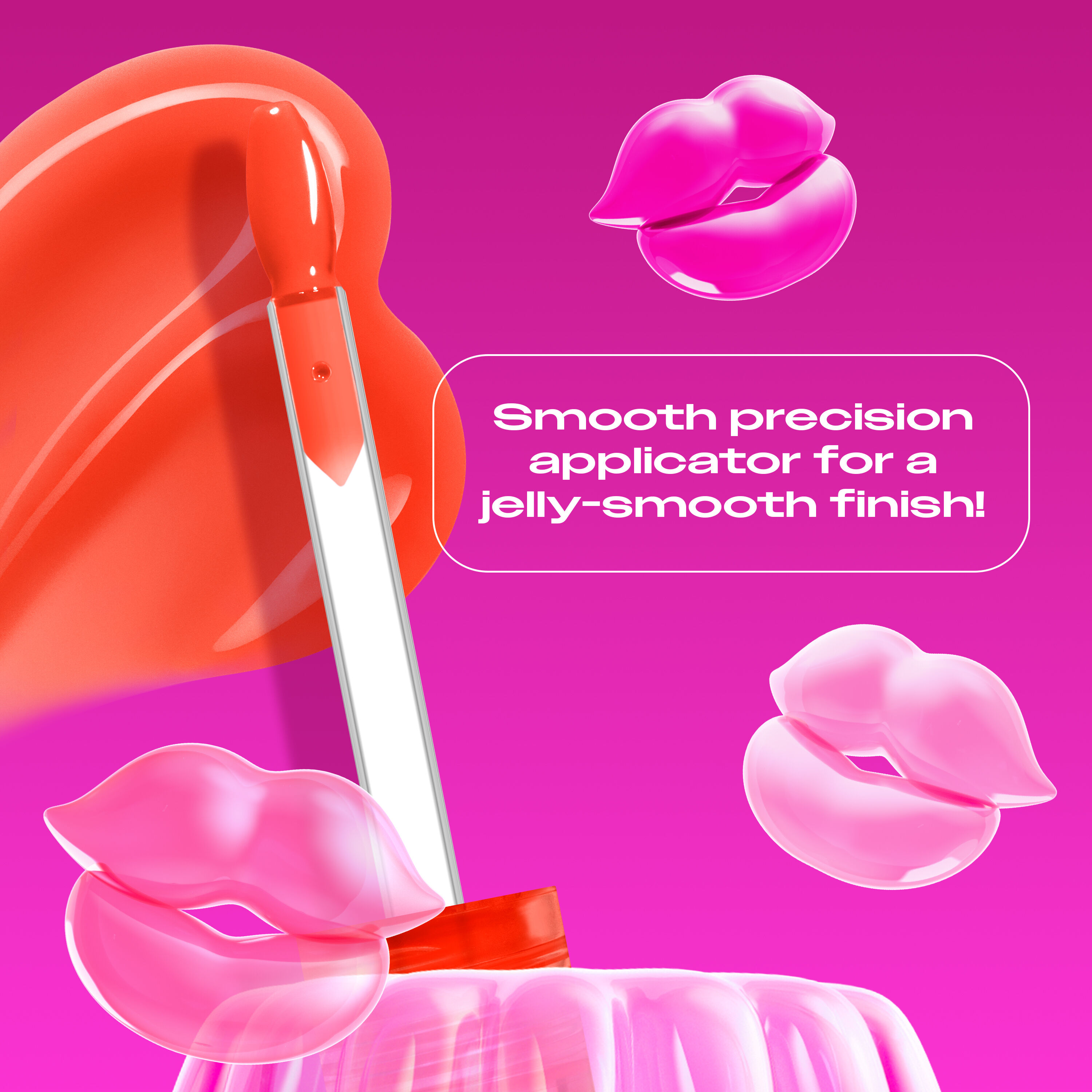 Jelly Job Lip Gloss applicator & swatch in shade 'Orange Ya Jelly?', with text on precision applicator for smooth lip finish  