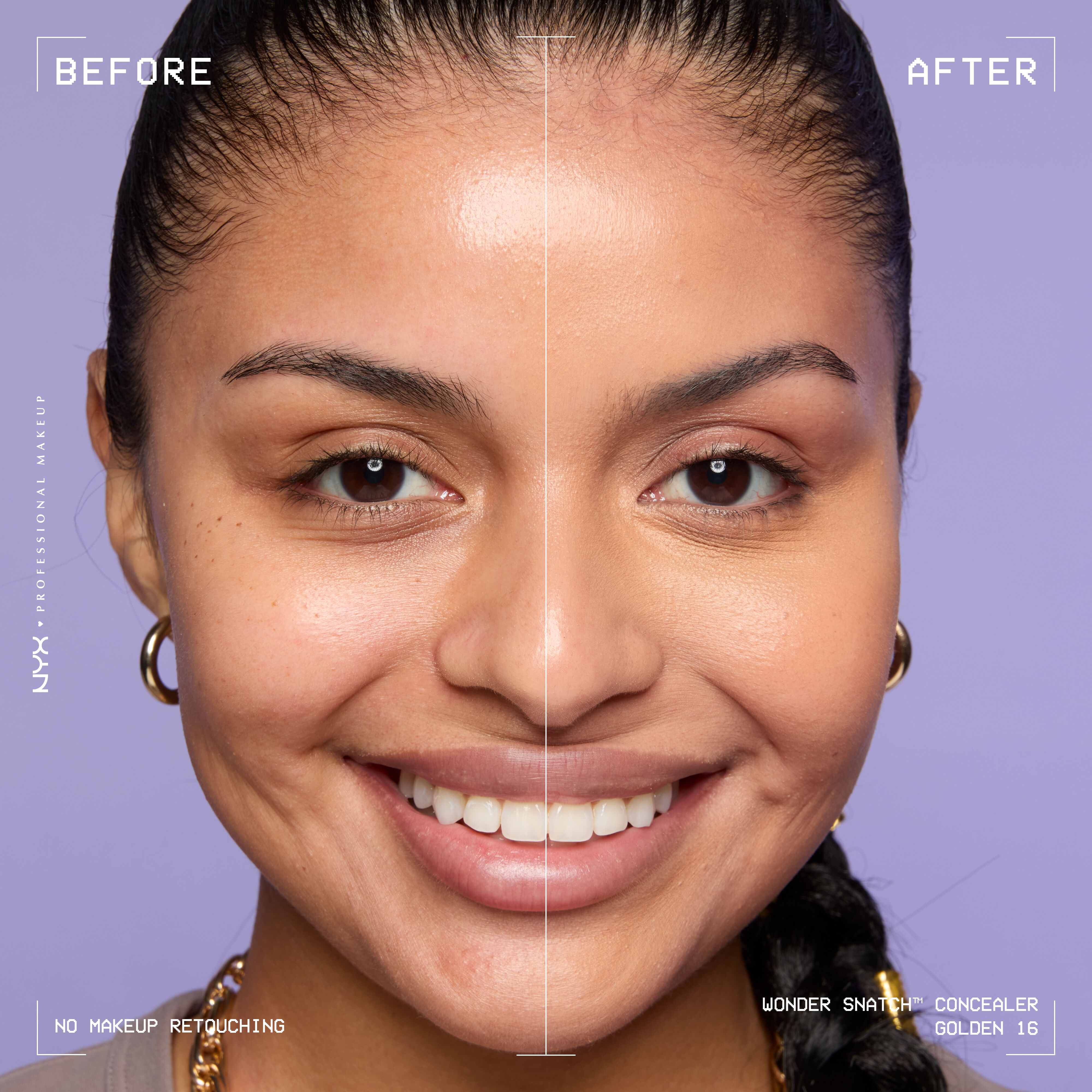 Before-and-after comparison of model wearing Wonder Snatch(TM) Concealer, showing brighter under-eyes and smoother-looking skin.