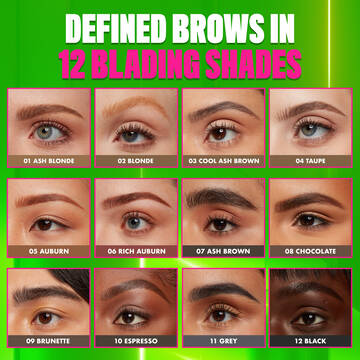 all 12 shades of Blade & Shade Nano Brow Pencil on eyebrows