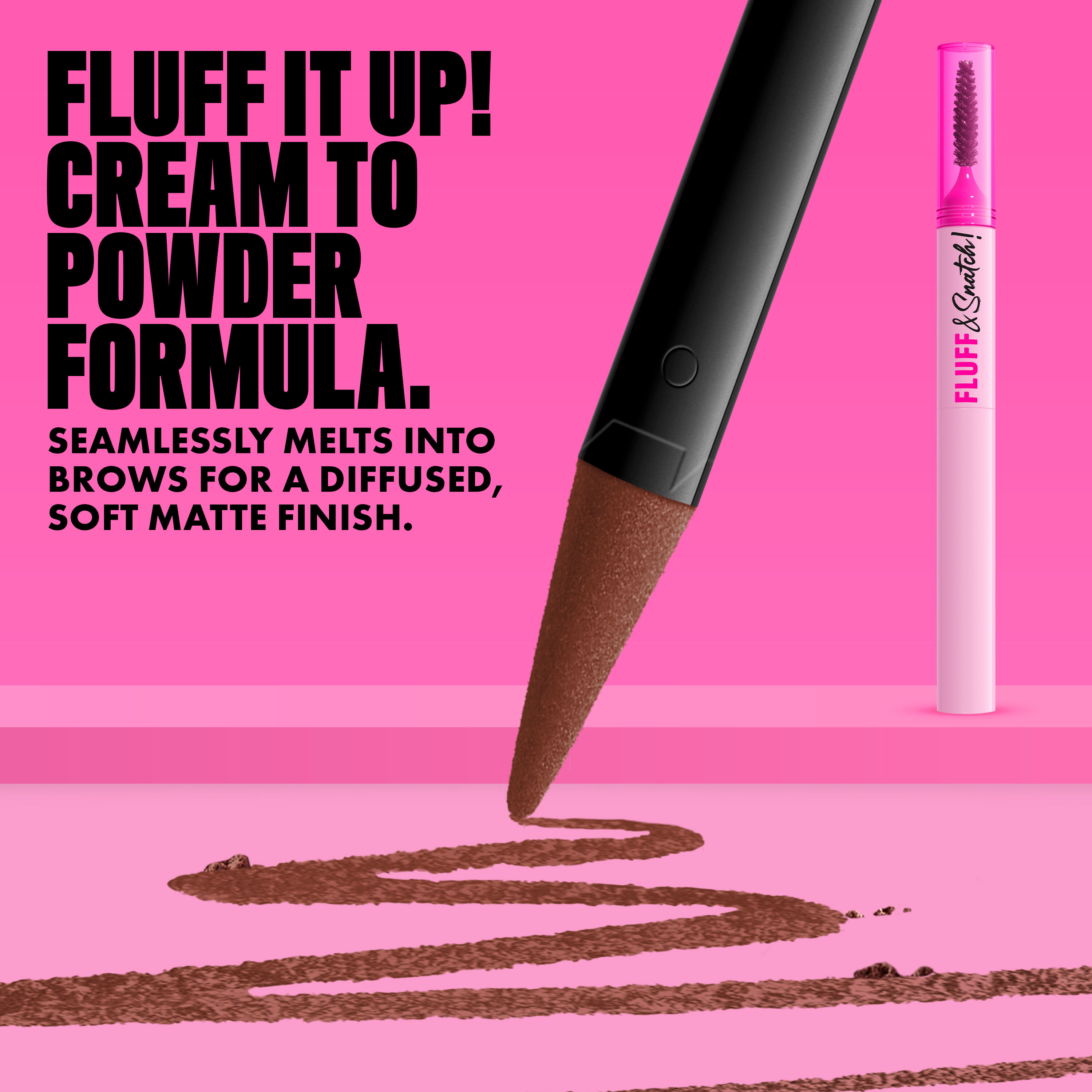 NYX Fluff and Snatch Brow Powder Pen with product swatch and benefits text on a pink background in shade 04 Rich Auburn