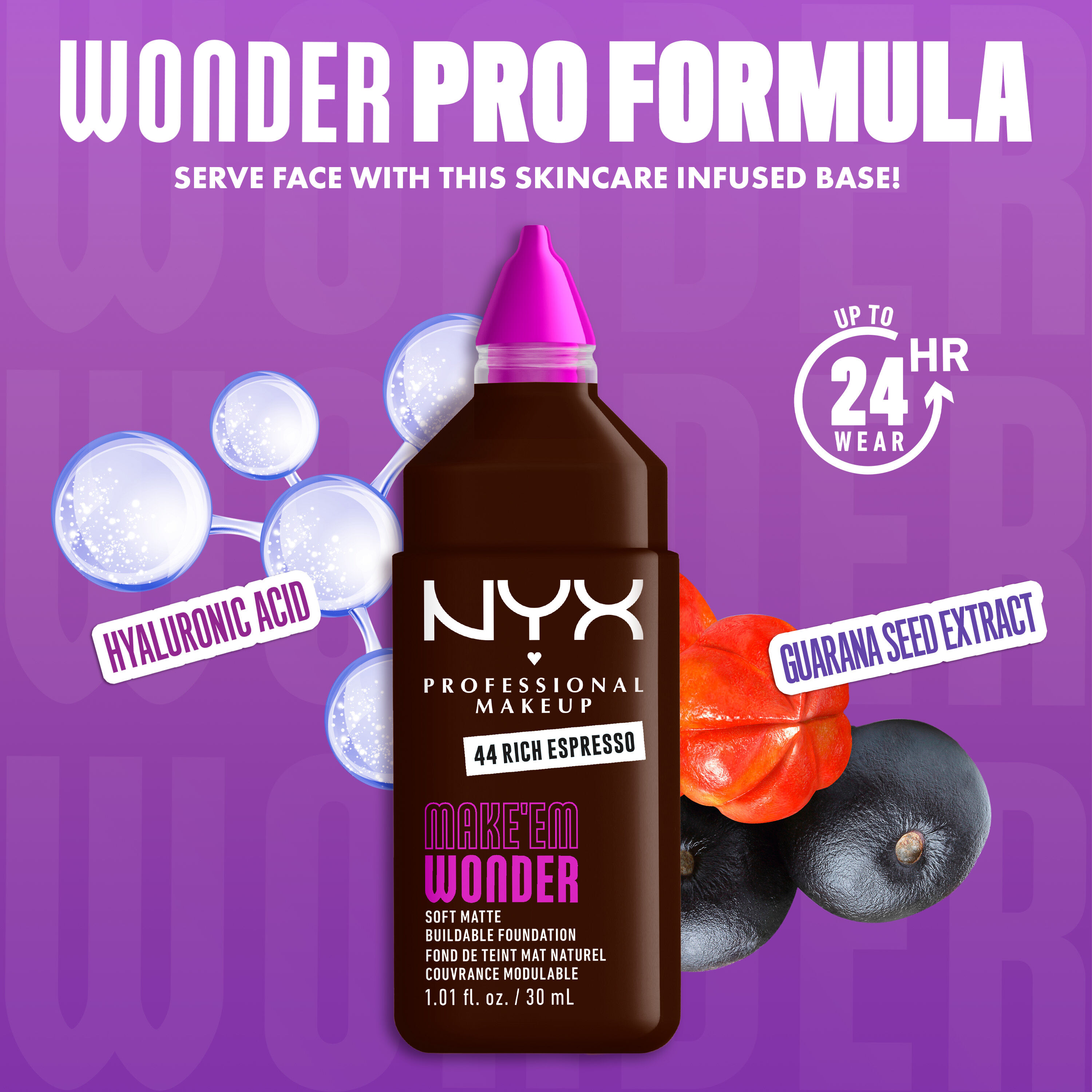 NYX Make ’Em Wonder Foundation in shade 46 Rich Espresso with hyaluronic acid and guarana seed extract, text overlay “Wonder Pro Formula.”