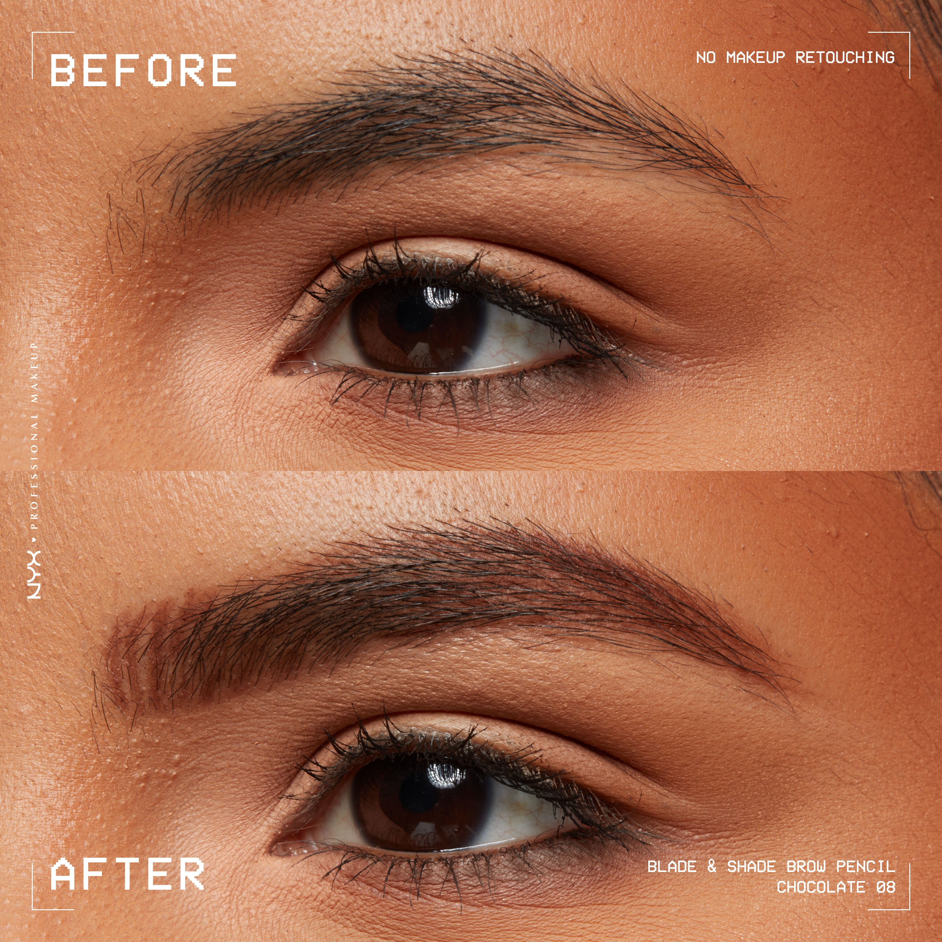 closeup before and after of Blade & Shade Nano Brow Pencil on light brown eyebrow