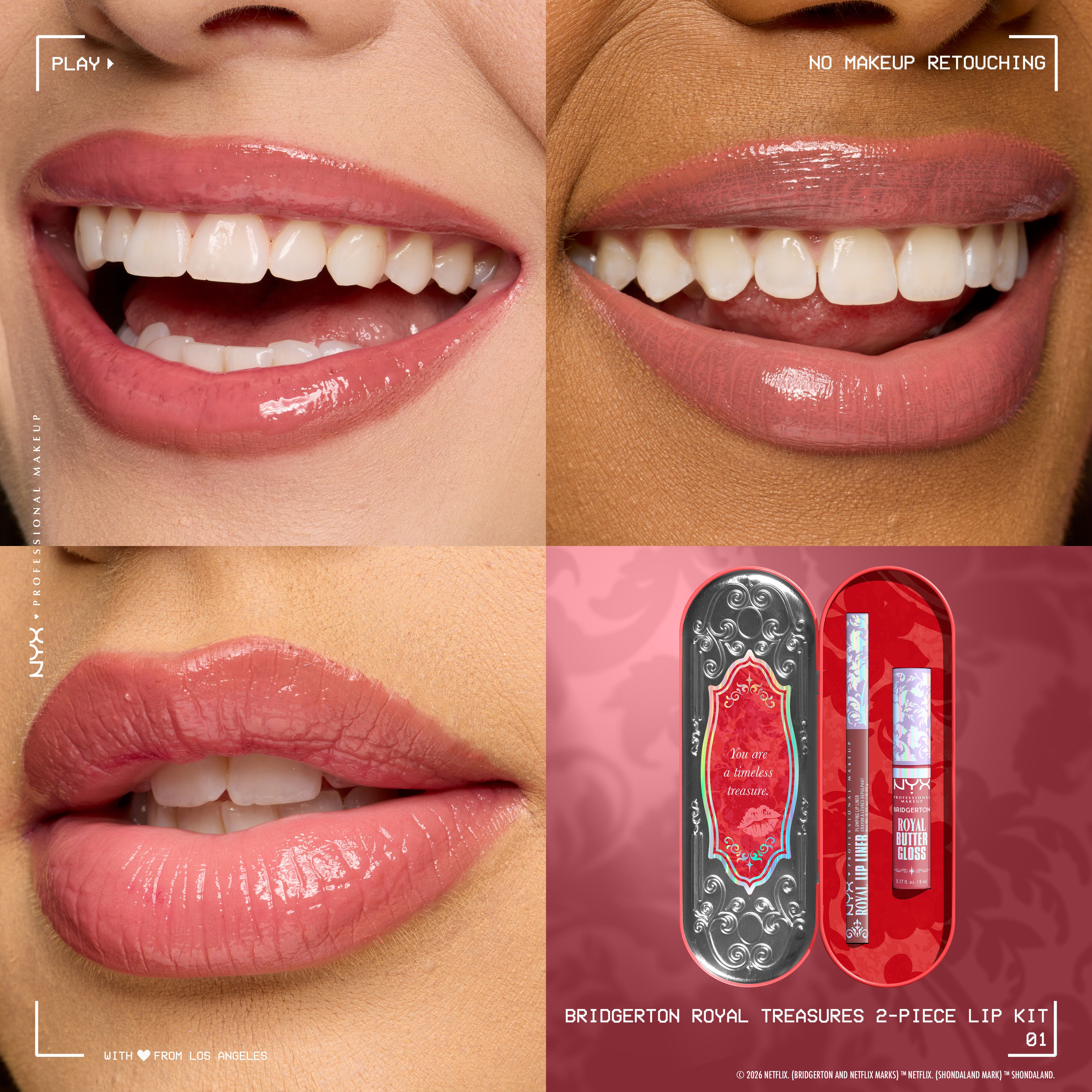 Lip macros of three different skintones wearing Bridgerton Royal Treasures 2-Piece Lip Kit and an image of the product packs next to the lips in shade Peony Passion, Cupid's Secret