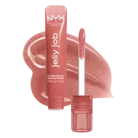 Open Jelly Job Jelly Lip Gloss in shade 'Honey, It's Jelly', a nude pearl shimmer jelly gloss with shade swatch in background