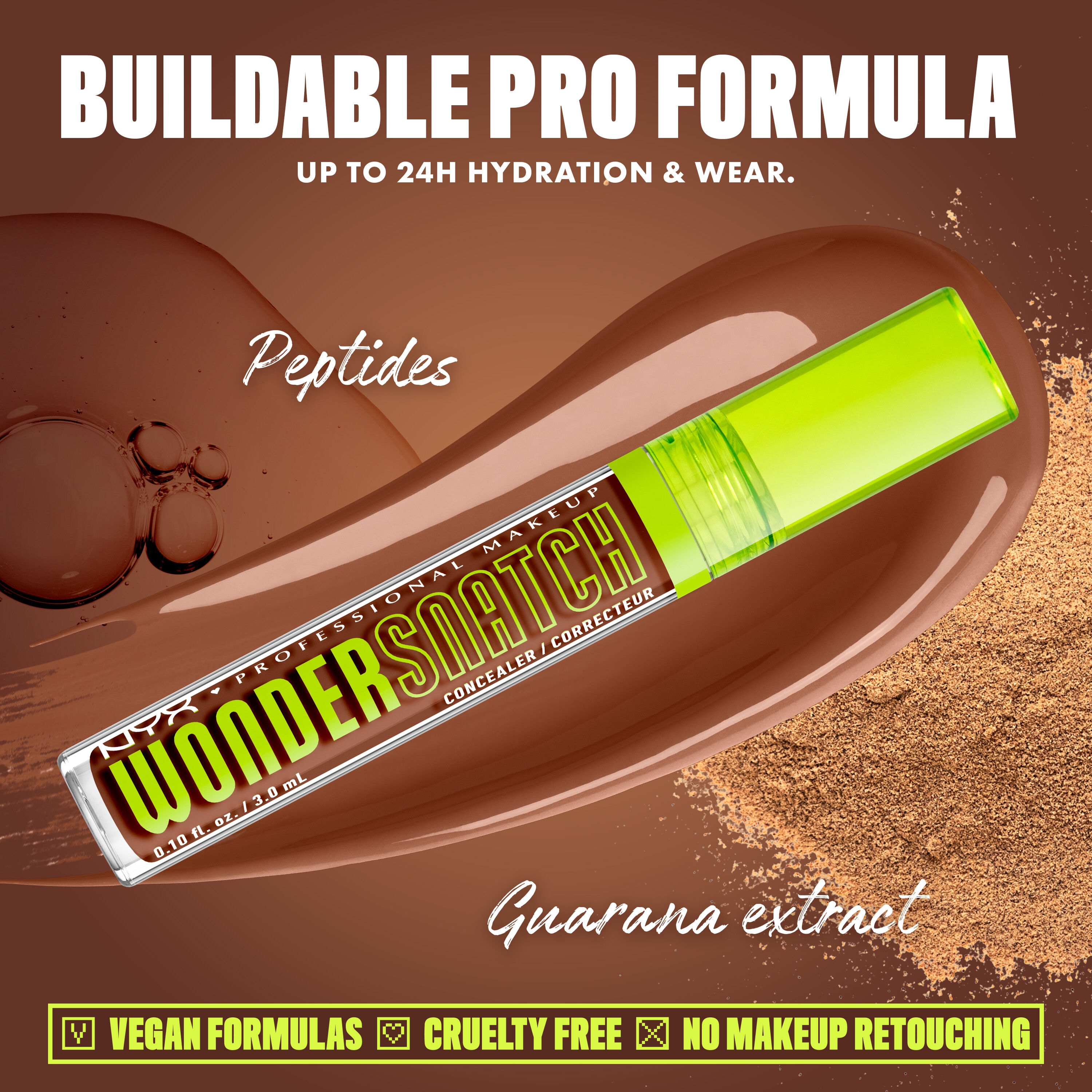 Wonder Snatch(TM) Concealer image with text: "Buildable Pro Formula. Up to 24H Hydration & Wear. Peptides. Guarana extract. Vegan Formulas. Cruelty Free. No Makeup Retouching."