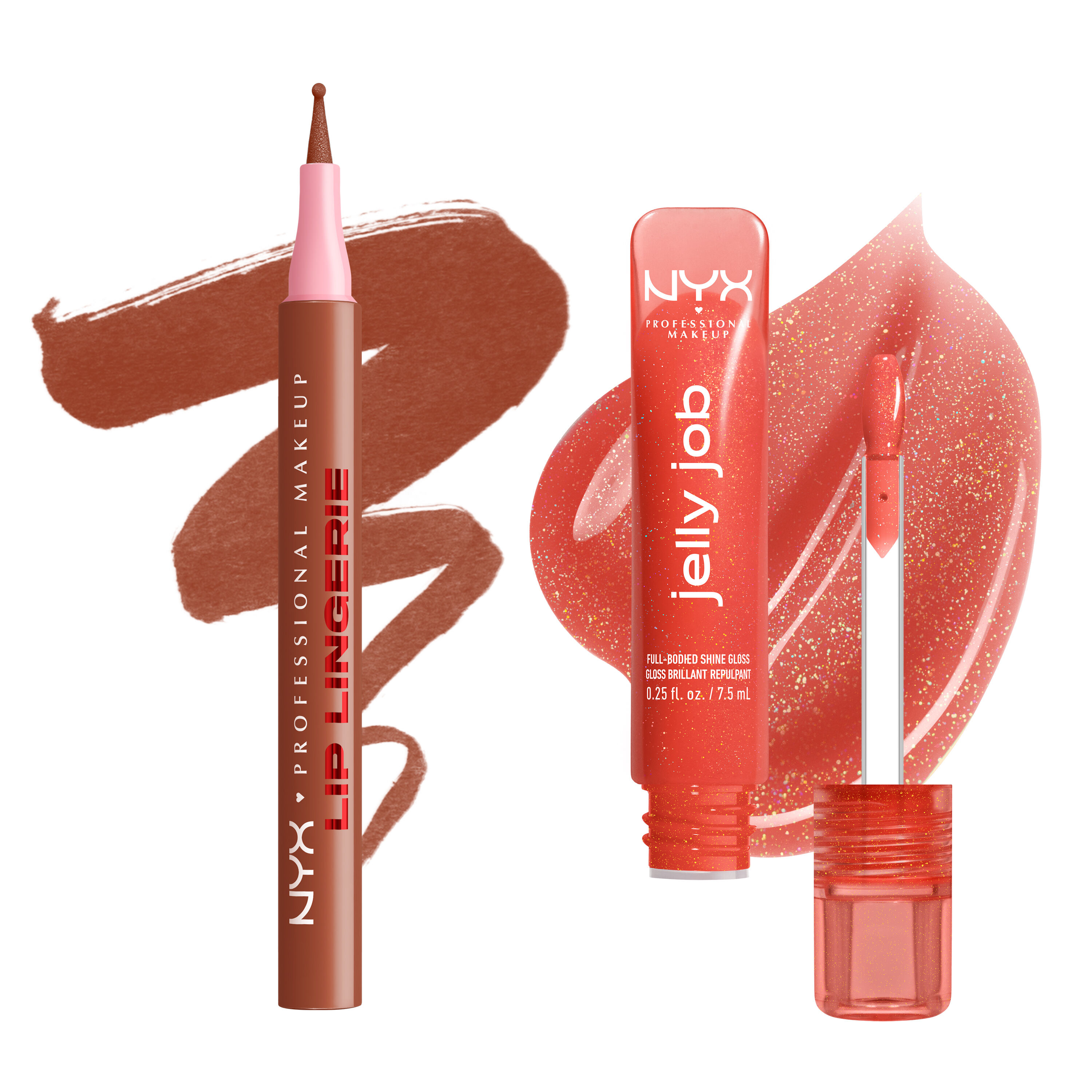 NYX Professional Makeup Lip Lingerie Lip Liner Stain in 02 Naughty Nude and Jelly Job Full Bodied Shine Gloss in 12 Jelly Squeeze shown with matching lip swatches on a white background.
